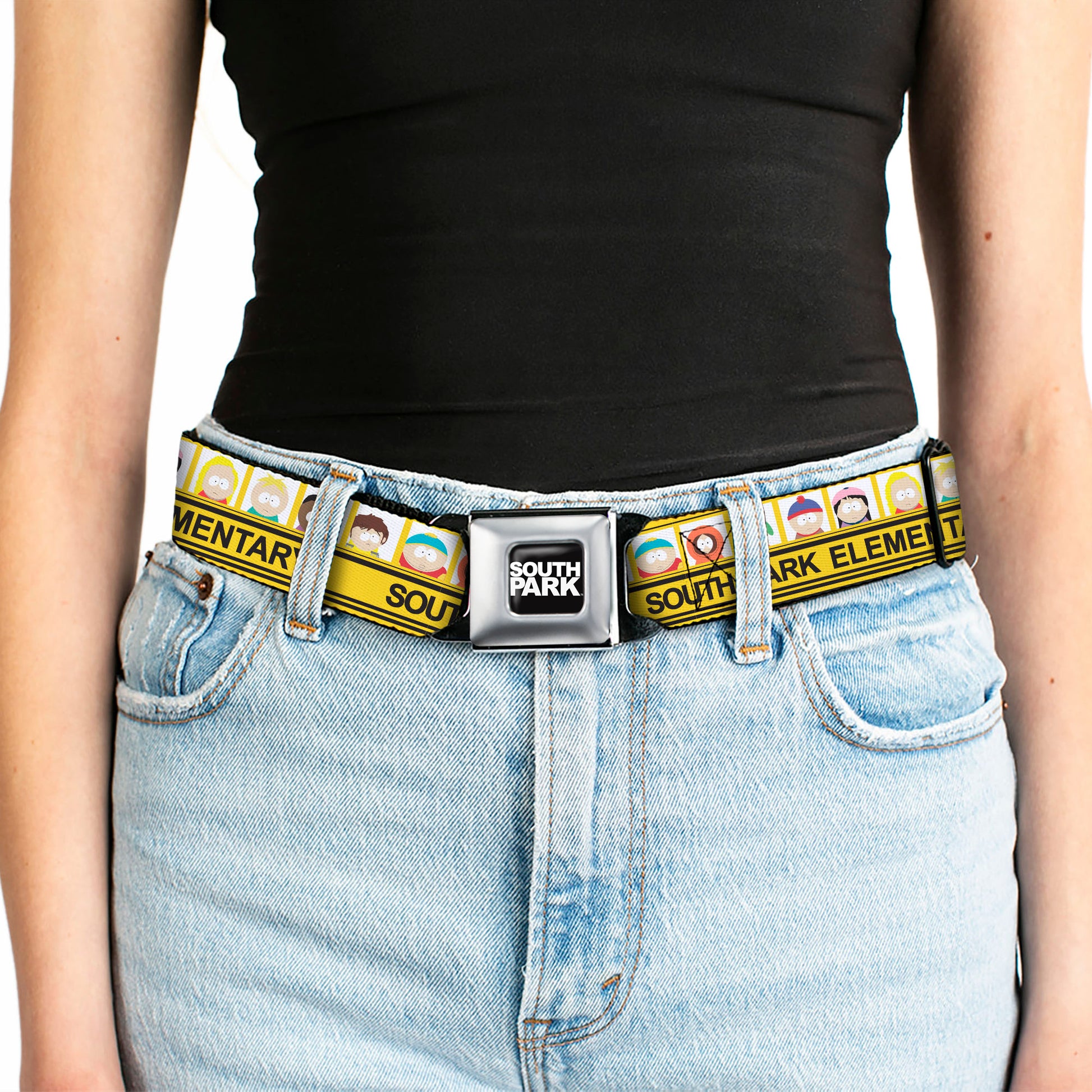SOUTH PARK Title Logo Full Color Black/White Seatbelt Belt - SOUTH PARK ELEMENTARY School Bus Characters Pose Yellow Webbing Seatbelt Belts South Park