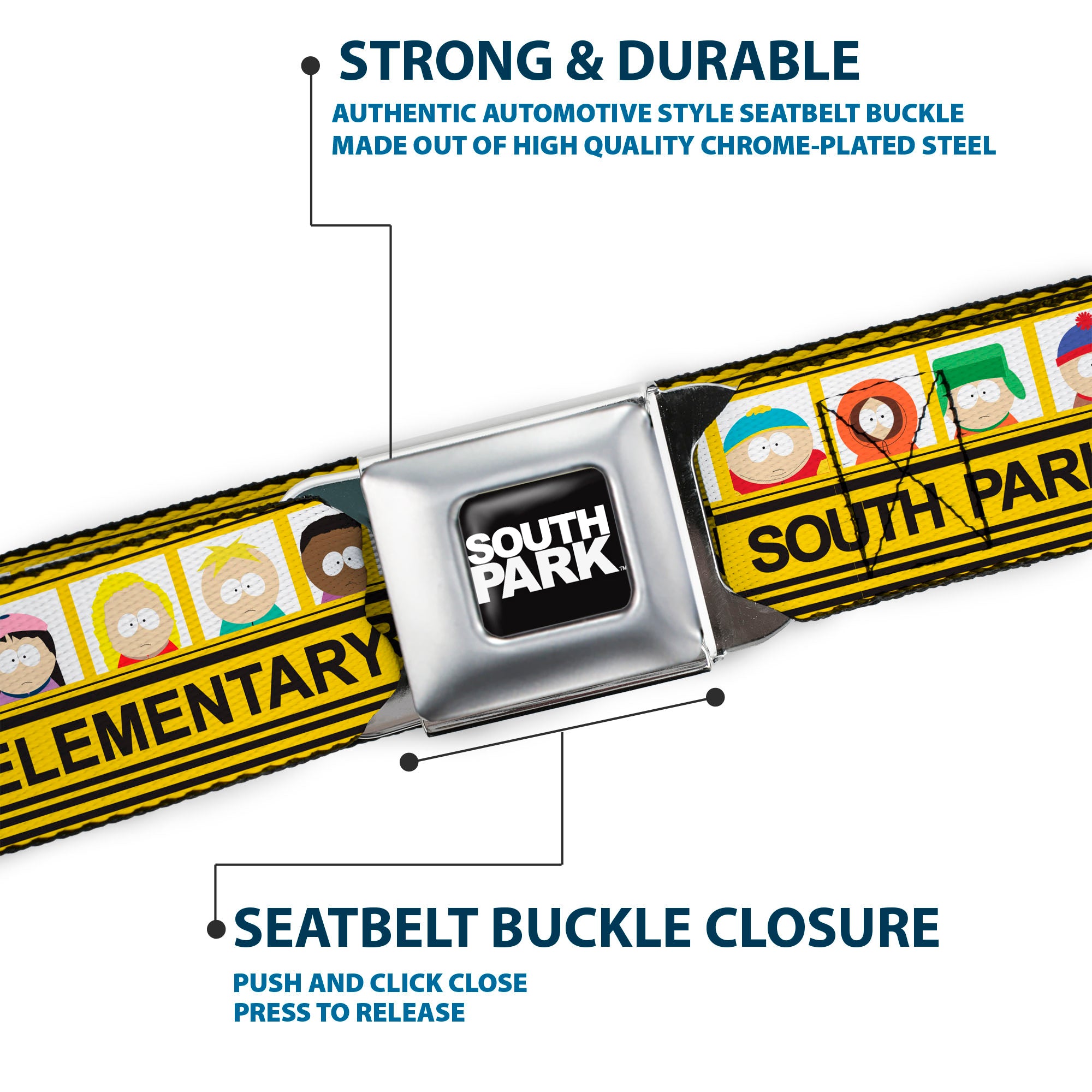 SOUTH PARK Title Logo Full Color Black/White Seatbelt Belt - SOUTH PARK ELEMENTARY School Bus Characters Pose Yellow Webbing Seatbelt Belts South Park