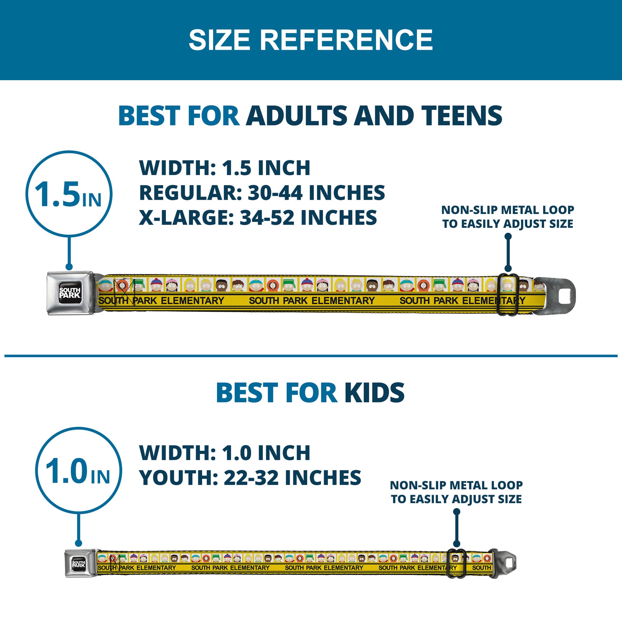 SOUTH PARK Title Logo Full Color Black/White Seatbelt Belt - SOUTH PARK ELEMENTARY School Bus Characters Pose Yellow Webbing Seatbelt Belts South Park