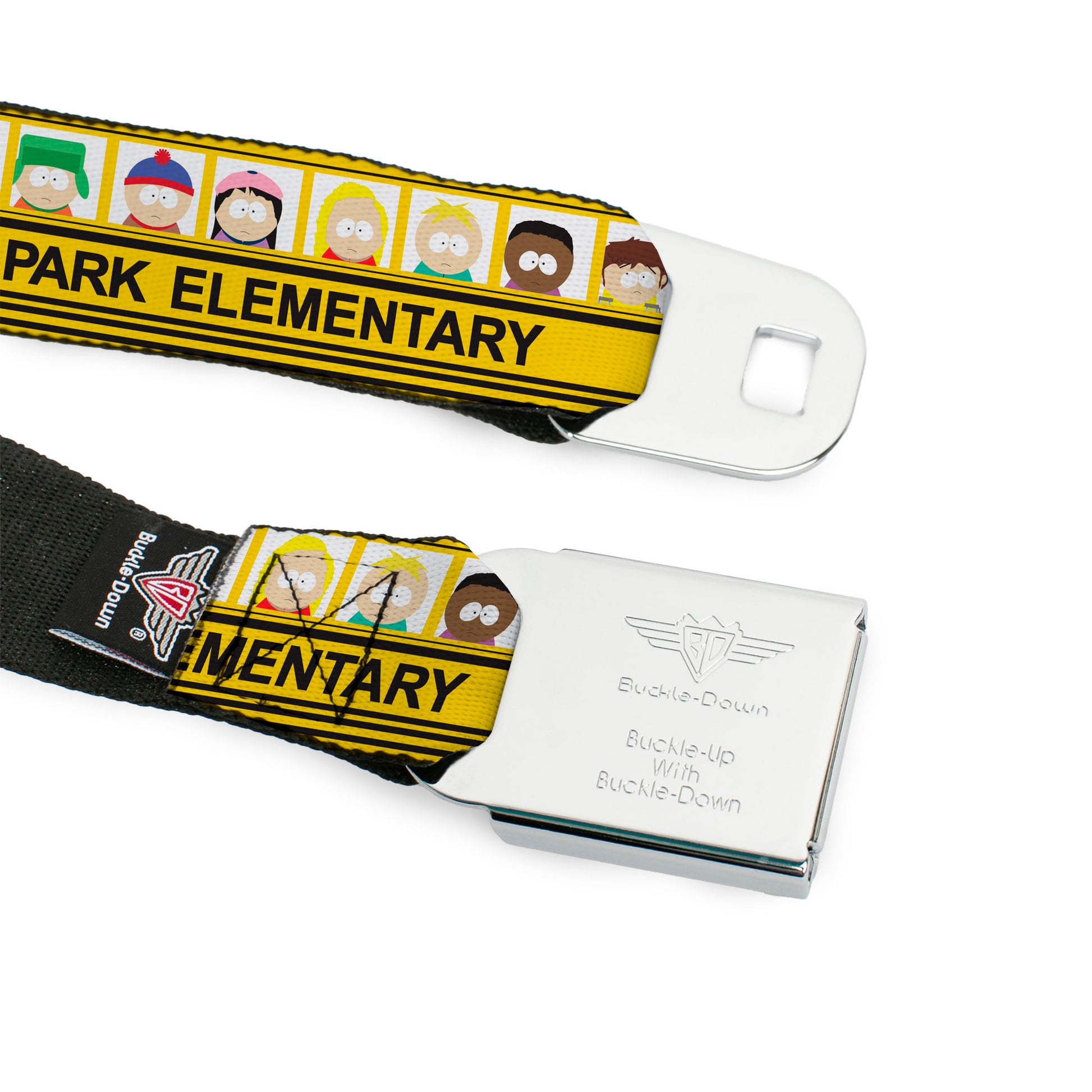 SOUTH PARK Title Logo Full Color Black/White Seatbelt Belt - SOUTH PARK ELEMENTARY School Bus Characters Pose Yellow Webbing Seatbelt Belts South Park