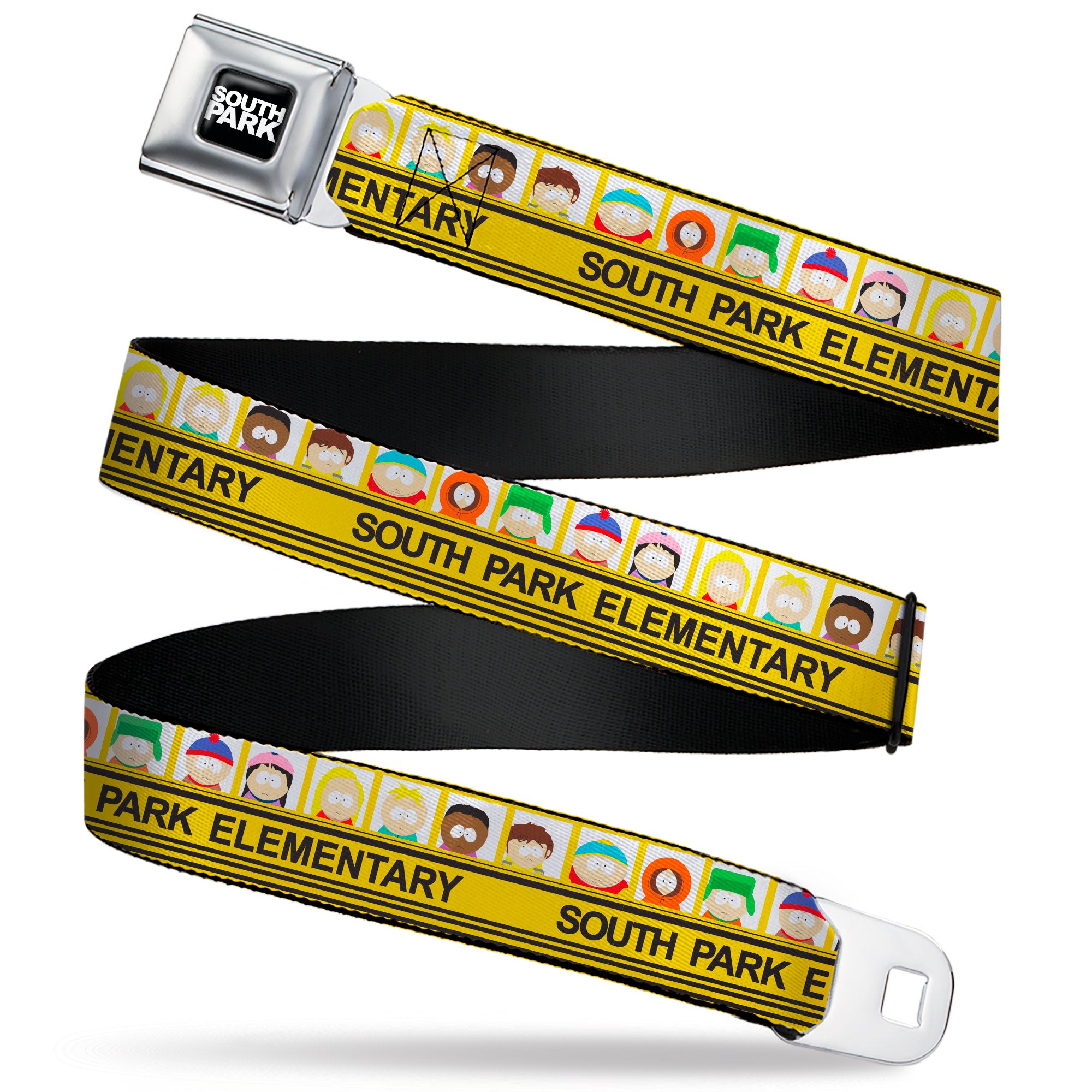 SOUTH PARK Title Logo Full Color Black/White Seatbelt Belt - SOUTH PARK ELEMENTARY School Bus Characters Pose Yellow Webbing Seatbelt Belts South Park
