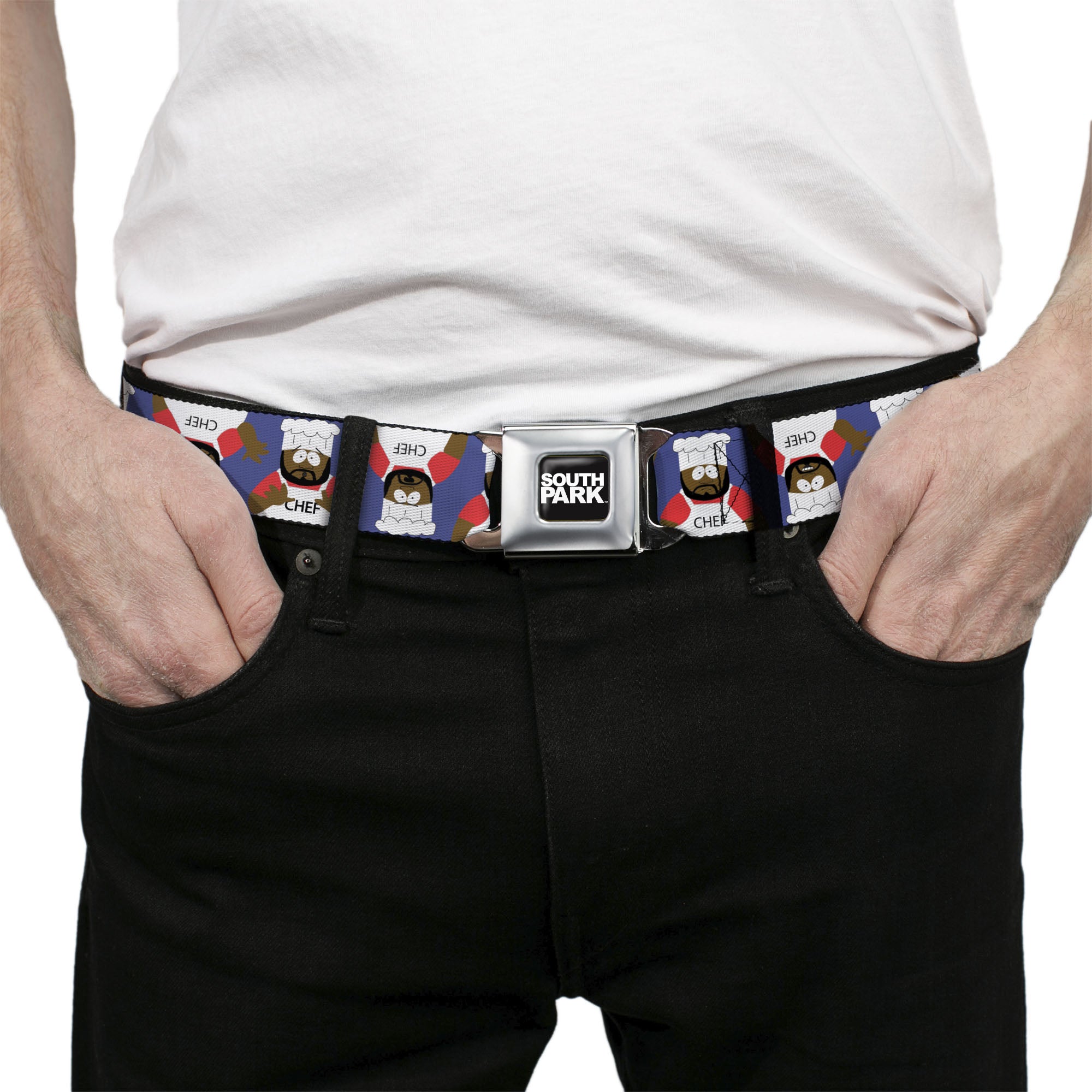 SOUTH PARK Title Logo Full Color Black/White Seatbelt Belt - South Park Chef Pose Flips Blue Webbing Seatbelt Belts South Park