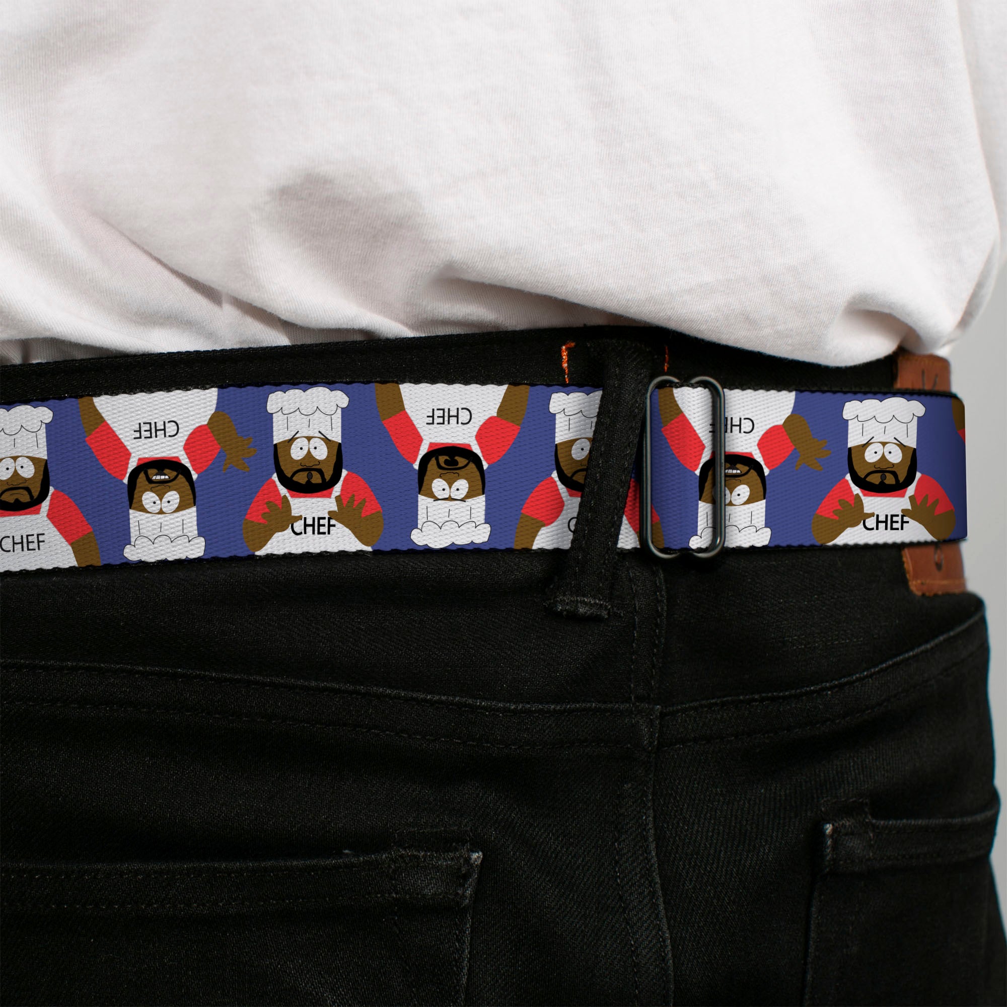 SOUTH PARK Title Logo Full Color Black/White Seatbelt Belt - South Park Chef Pose Flips Blue Webbing Seatbelt Belts South Park