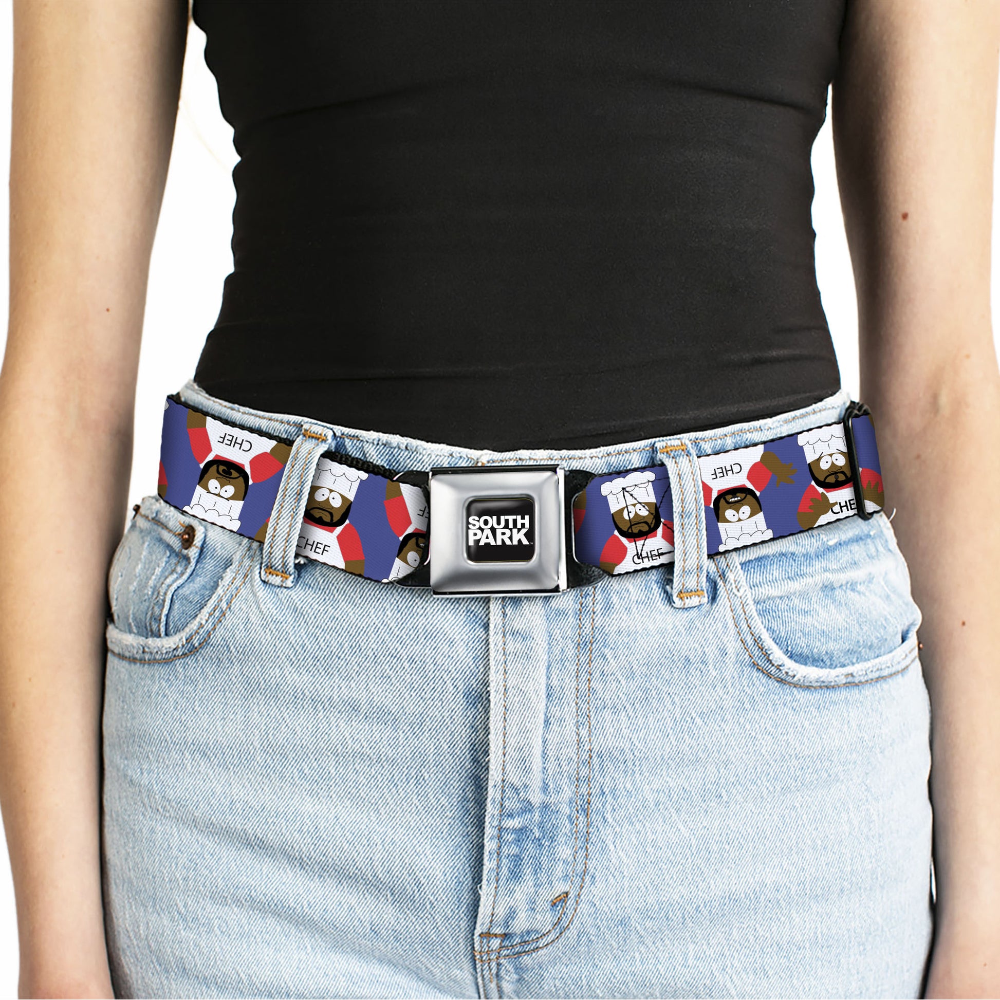 SOUTH PARK Title Logo Full Color Black/White Seatbelt Belt - South Park Chef Pose Flips Blue Webbing Seatbelt Belts South Park