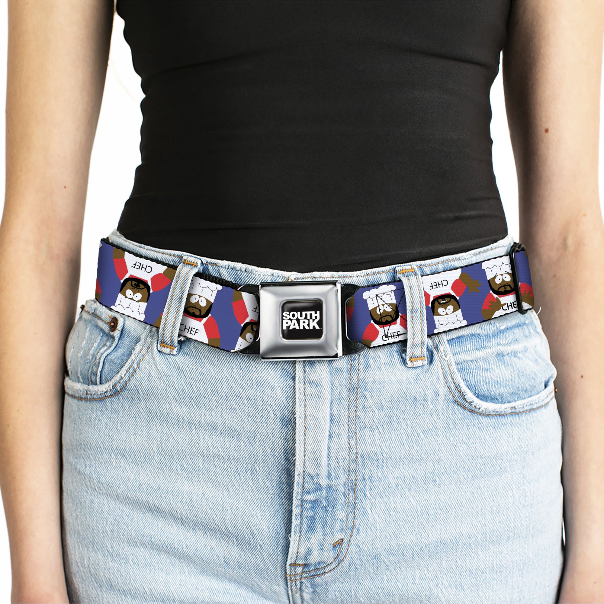 SOUTH PARK Title Logo Full Color Black/White Seatbelt Belt - South Park Chef Pose Flips Blue Webbing Seatbelt Belts South Park