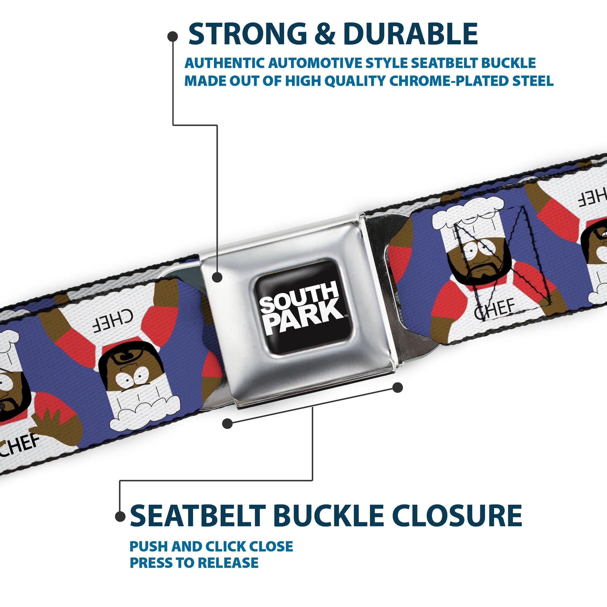 SOUTH PARK Title Logo Full Color Black/White Seatbelt Belt - South Park Chef Pose Flips Blue Webbing Seatbelt Belts South Park