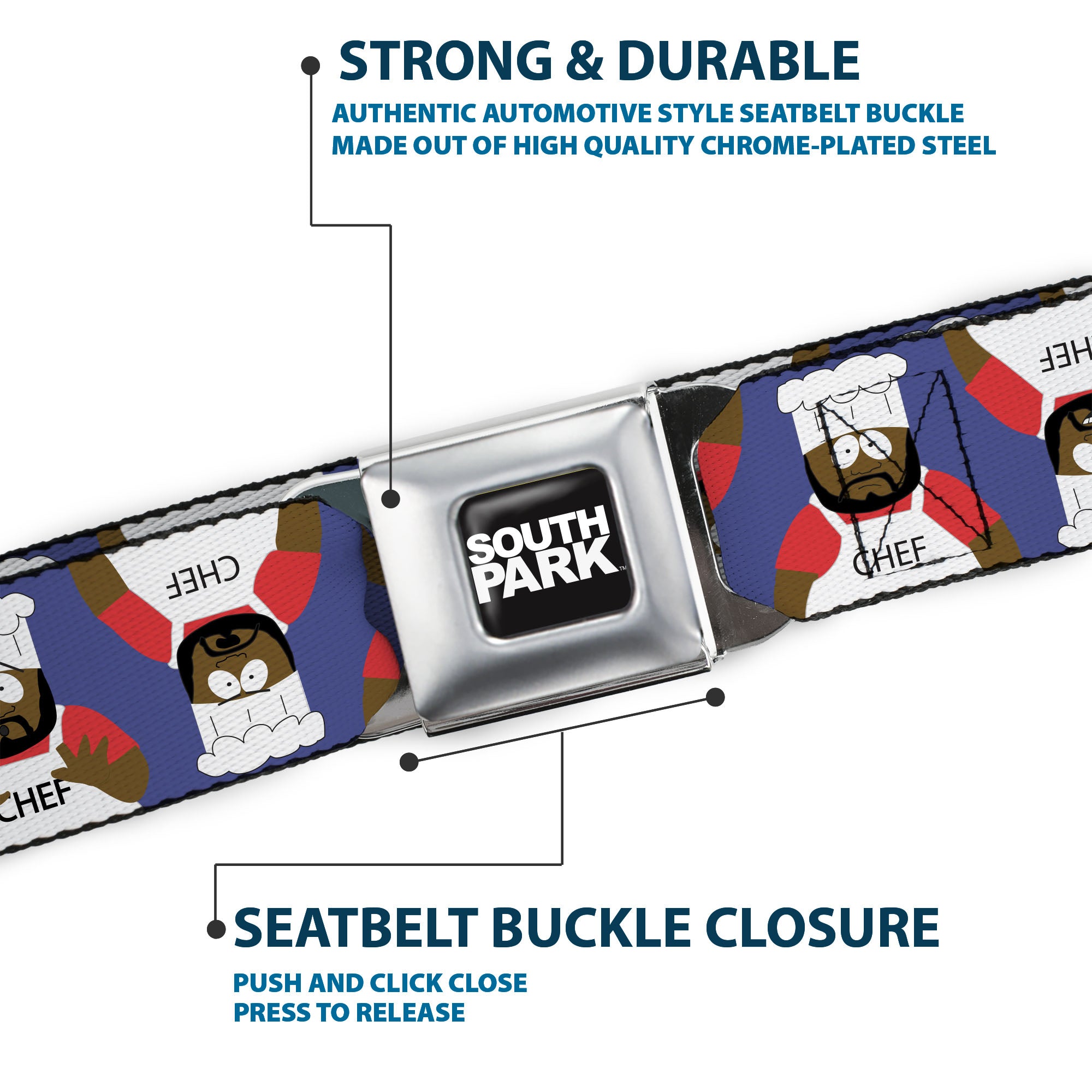 SOUTH PARK Title Logo Full Color Black/White Seatbelt Belt - South Park Chef Pose Flips Blue Webbing Seatbelt Belts South Park