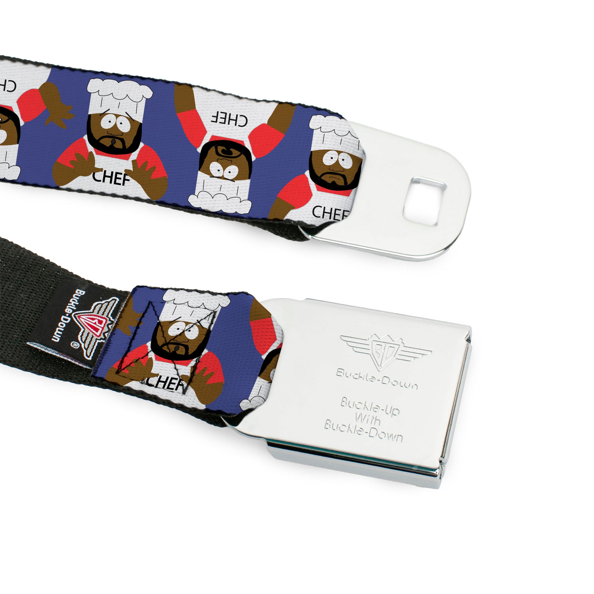 SOUTH PARK Title Logo Full Color Black/White Seatbelt Belt - South Park Chef Pose Flips Blue Webbing Seatbelt Belts South Park