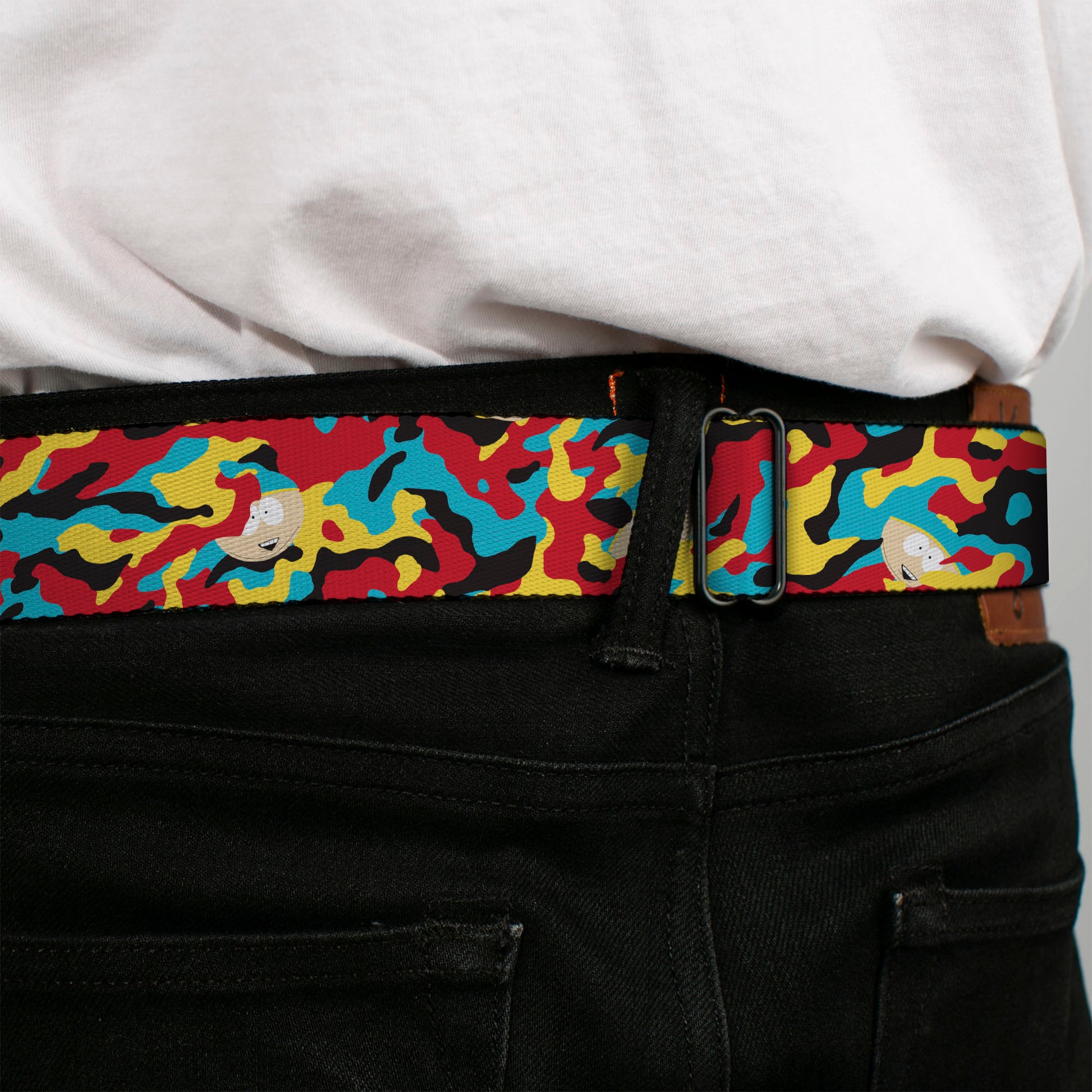 SOUTH PARK Title Logo Full Color Black/White Seatbelt Belt - South Park Cartman Camo Black/Red/Yellow/Blue Webbing Seatbelt Belts South Park