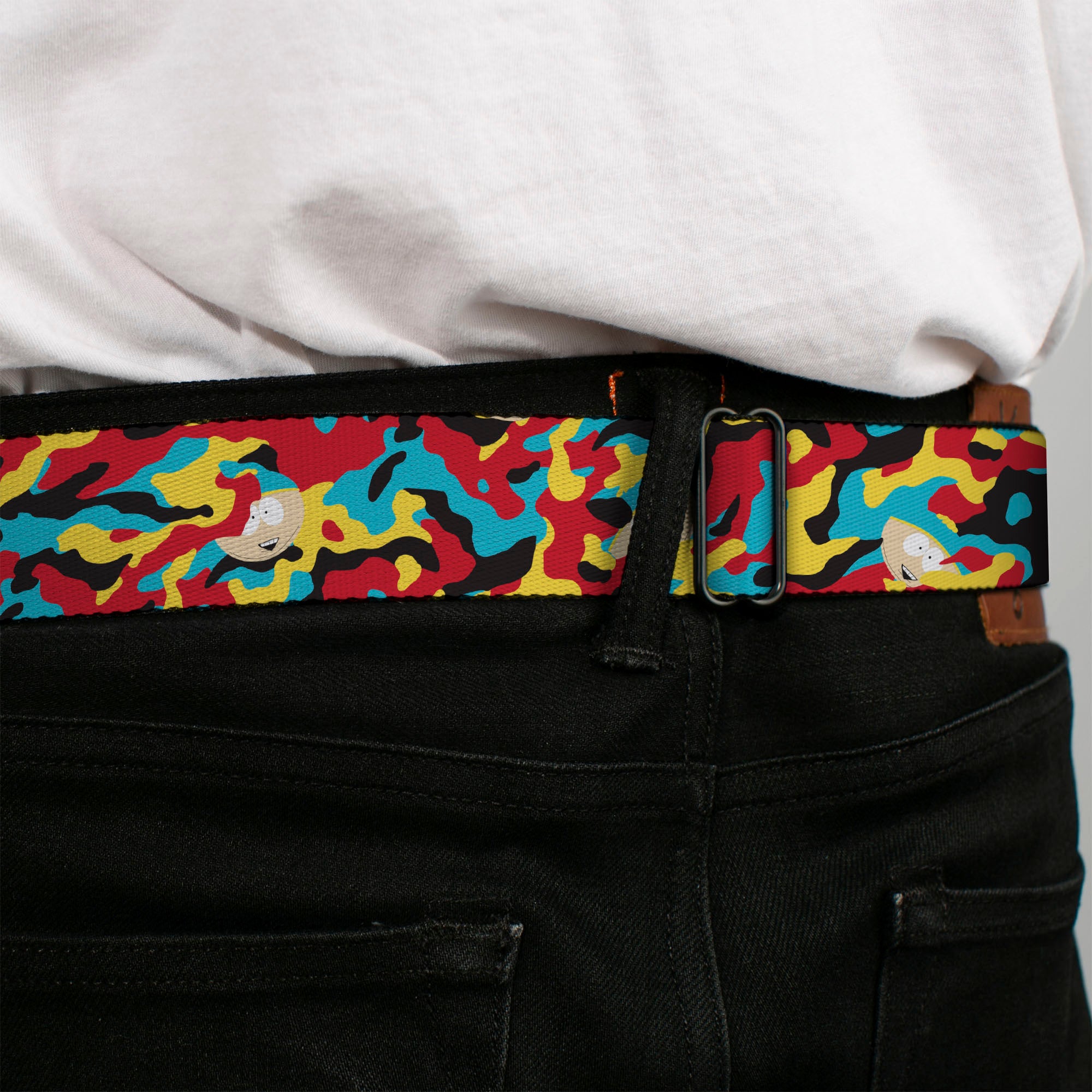 SOUTH PARK Title Logo Full Color Black/White Seatbelt Belt - South Park Cartman Camo Black/Red/Yellow/Blue Webbing Seatbelt Belts South Park