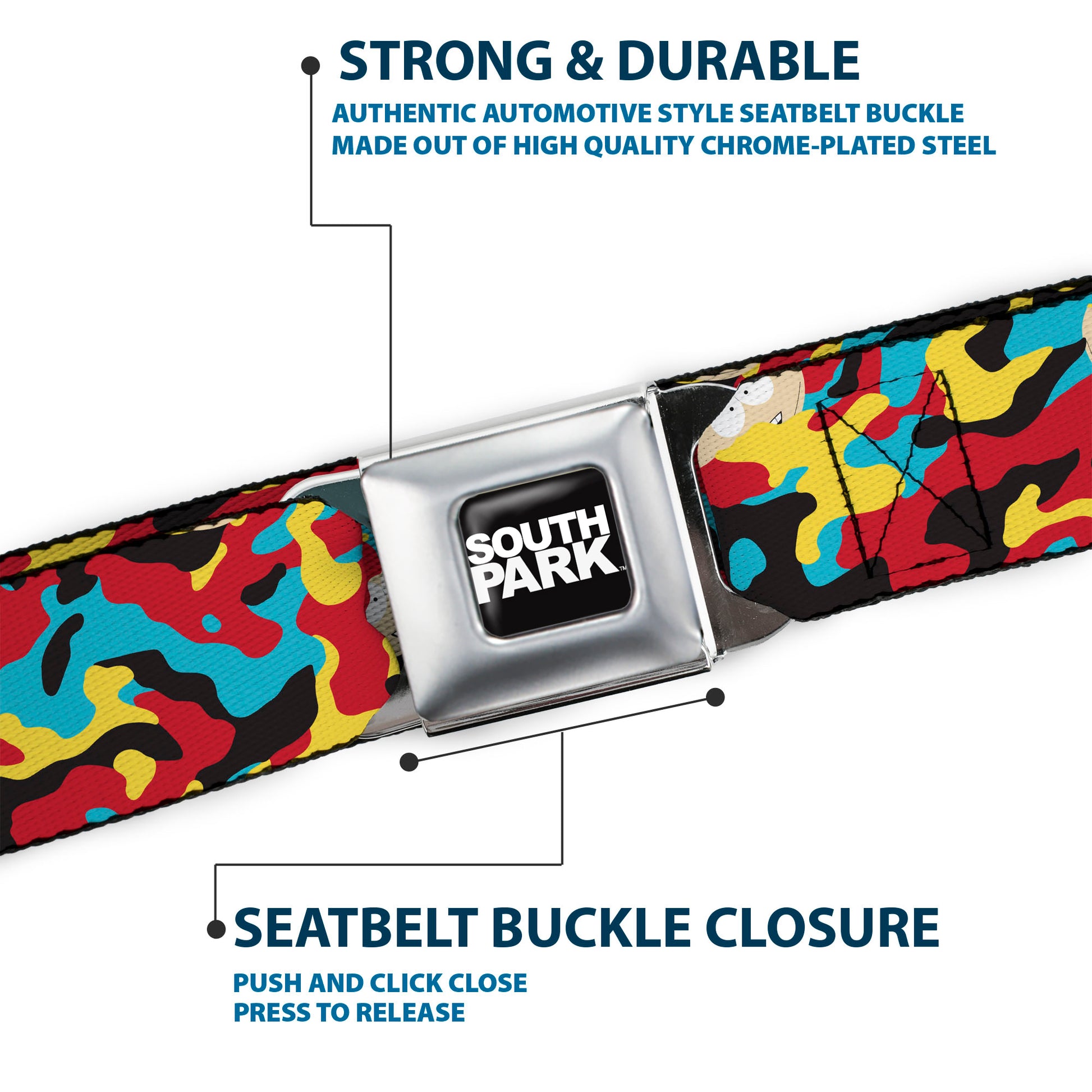 SOUTH PARK Title Logo Full Color Black/White Seatbelt Belt - South Park Cartman Camo Black/Red/Yellow/Blue Webbing Seatbelt Belts South Park