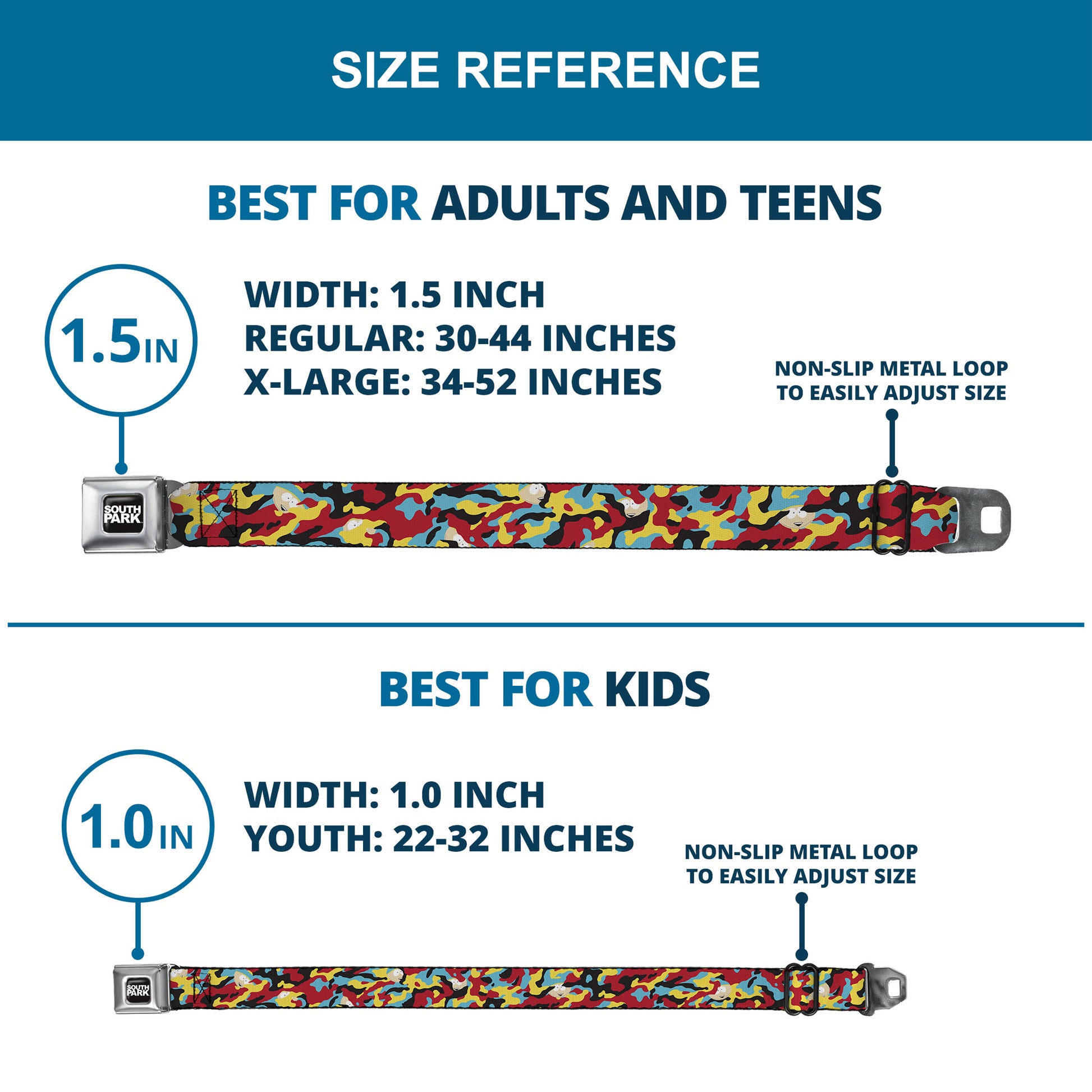 SOUTH PARK Title Logo Full Color Black/White Seatbelt Belt - South Park Cartman Camo Black/Red/Yellow/Blue Webbing Seatbelt Belts South Park