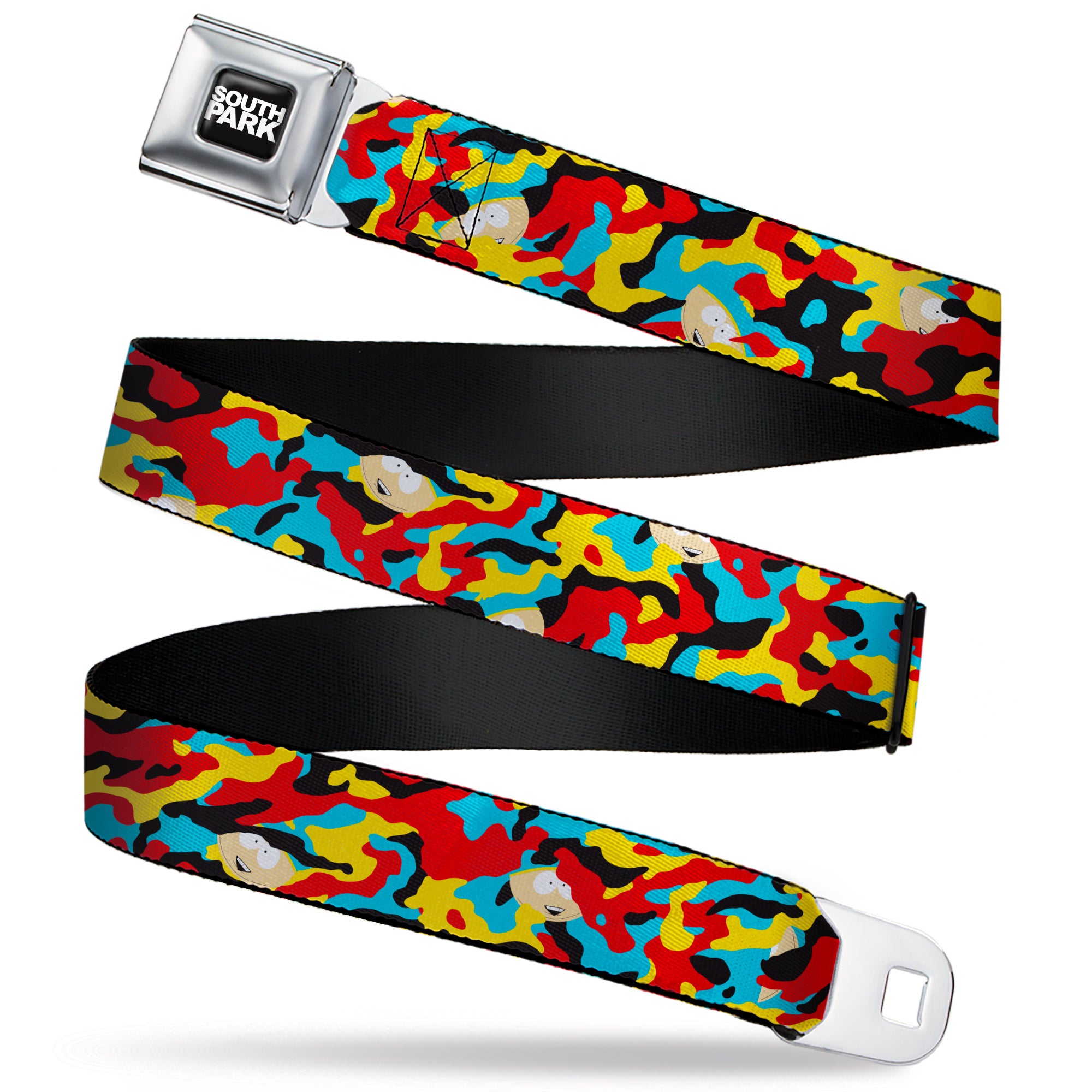 SOUTH PARK Title Logo Full Color Black/White Seatbelt Belt - South Park Cartman Camo Black/Red/Yellow/Blue Webbing Seatbelt Belts South Park