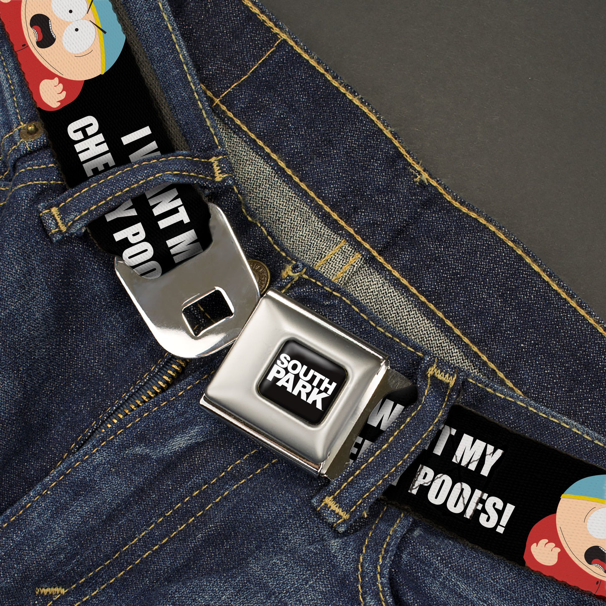 SOUTH PARK Title Logo Full Color Black/White Seatbelt Belt - South Park Cartman I WANT MY CHEESY POOFS Pose Black Webbing Seatbelt Belts South Park