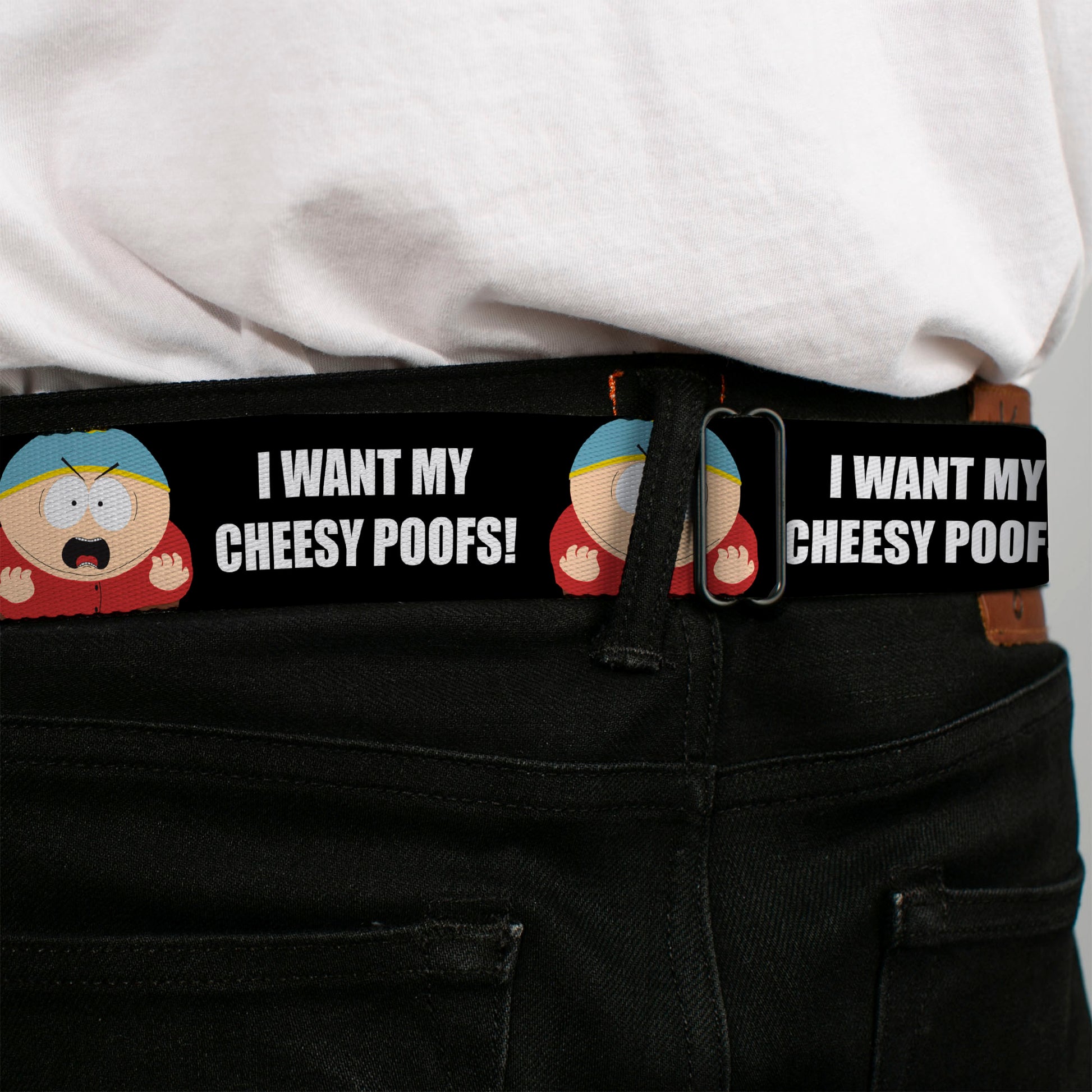 SOUTH PARK Title Logo Full Color Black/White Seatbelt Belt - South Park Cartman I WANT MY CHEESY POOFS Pose Black Webbing Seatbelt Belts South Park