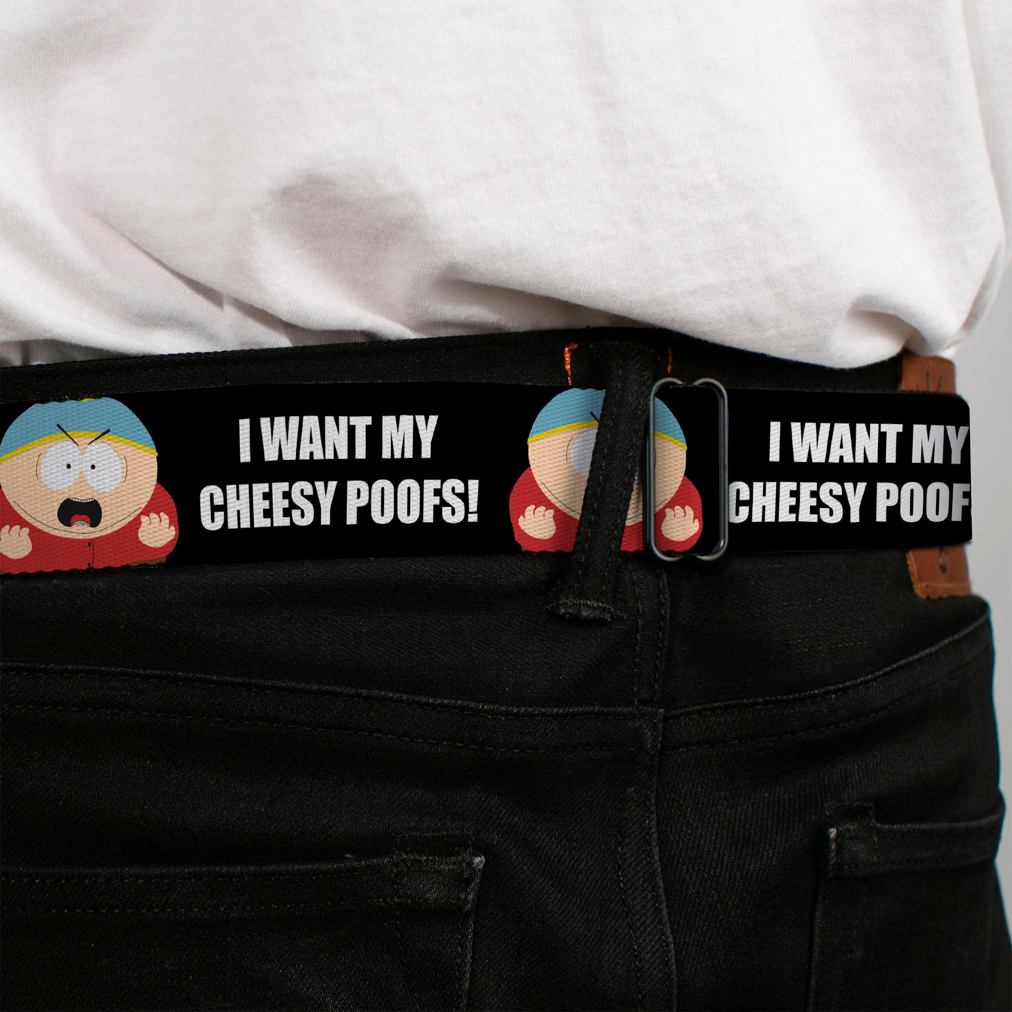 SOUTH PARK Title Logo Full Color Black/White Seatbelt Belt - South Park Cartman I WANT MY CHEESY POOFS Pose Black Webbing Seatbelt Belts South Park