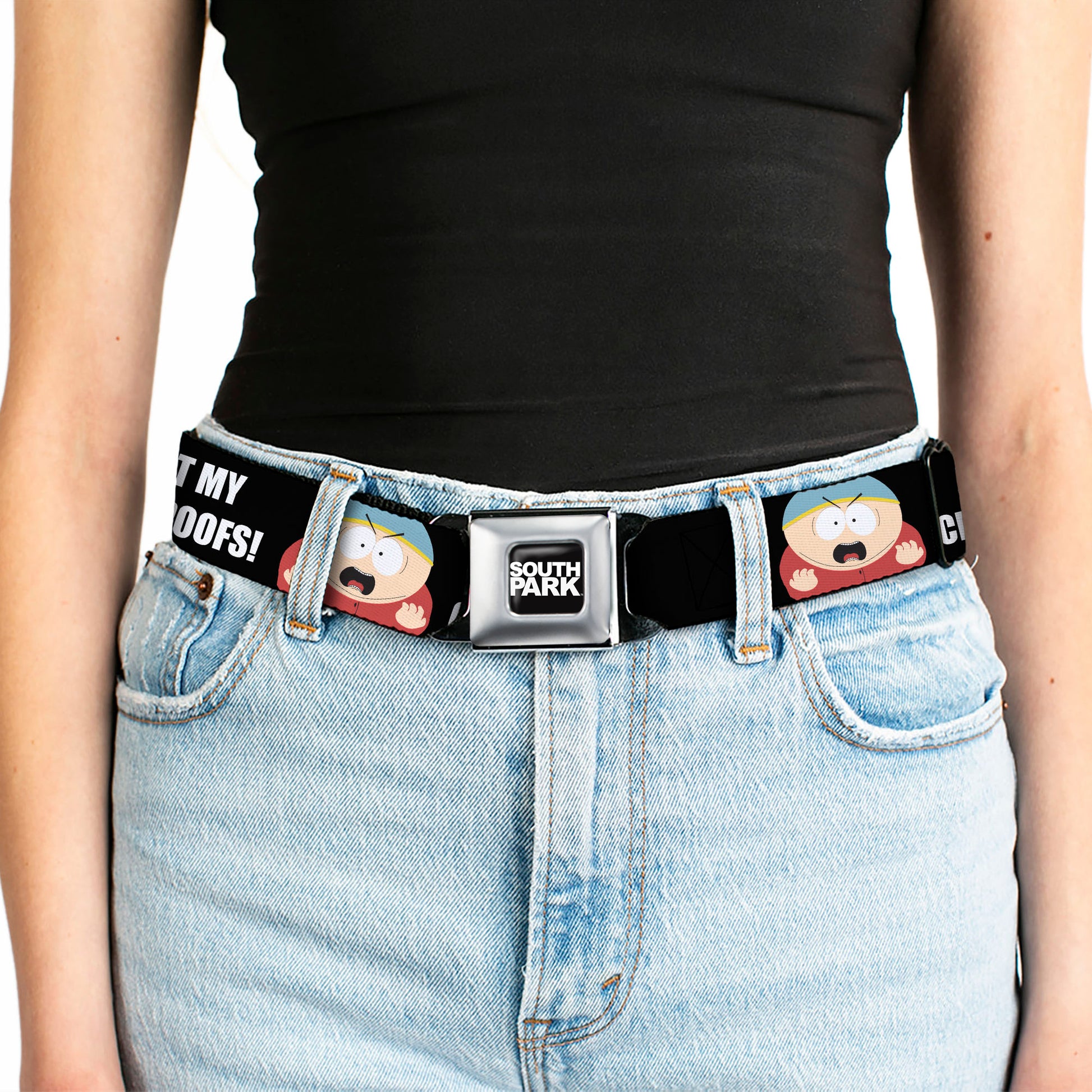 SOUTH PARK Title Logo Full Color Black/White Seatbelt Belt - South Park Cartman I WANT MY CHEESY POOFS Pose Black Webbing Seatbelt Belts South Park