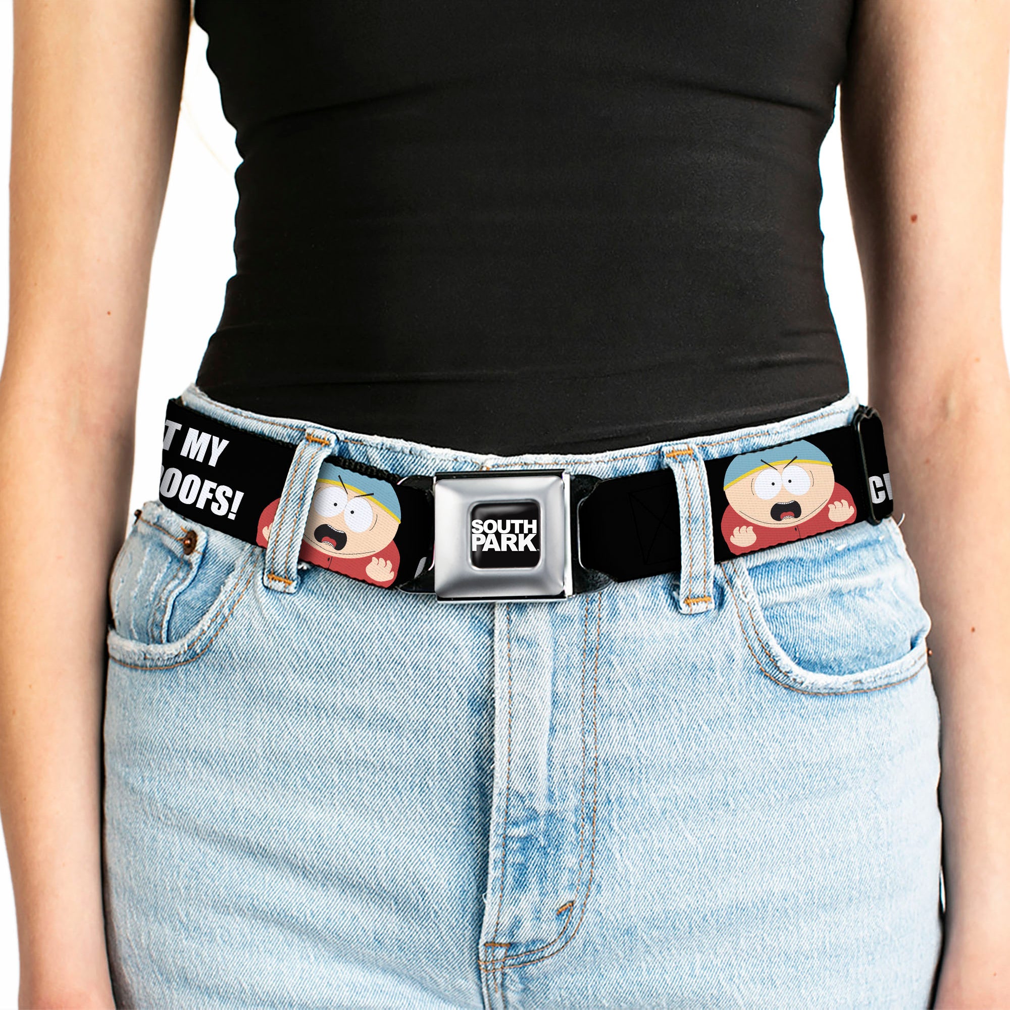 SOUTH PARK Title Logo Full Color Black/White Seatbelt Belt - South Park Cartman I WANT MY CHEESY POOFS Pose Black Webbing Seatbelt Belts South Park