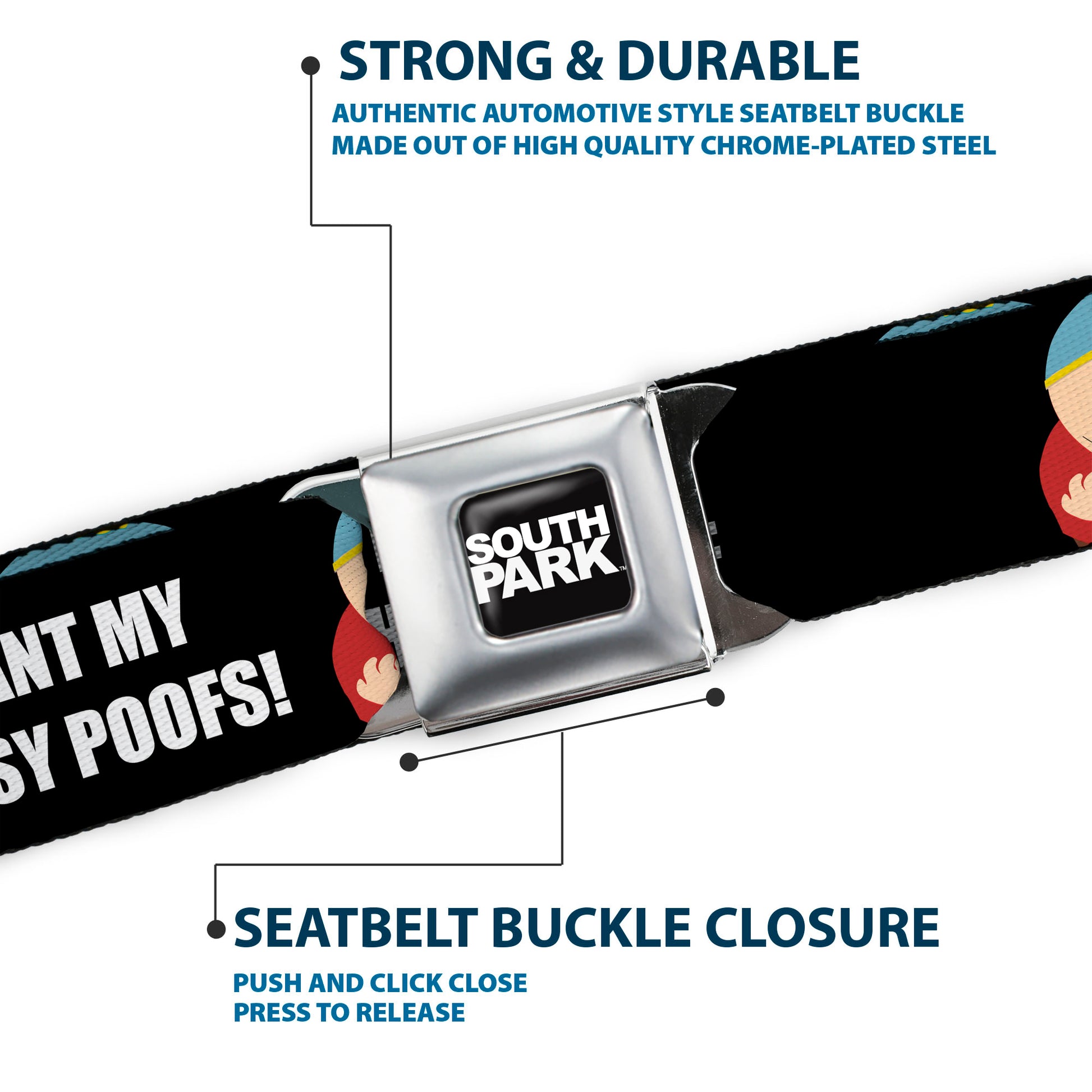 SOUTH PARK Title Logo Full Color Black/White Seatbelt Belt - South Park Cartman I WANT MY CHEESY POOFS Pose Black Webbing Seatbelt Belts South Park