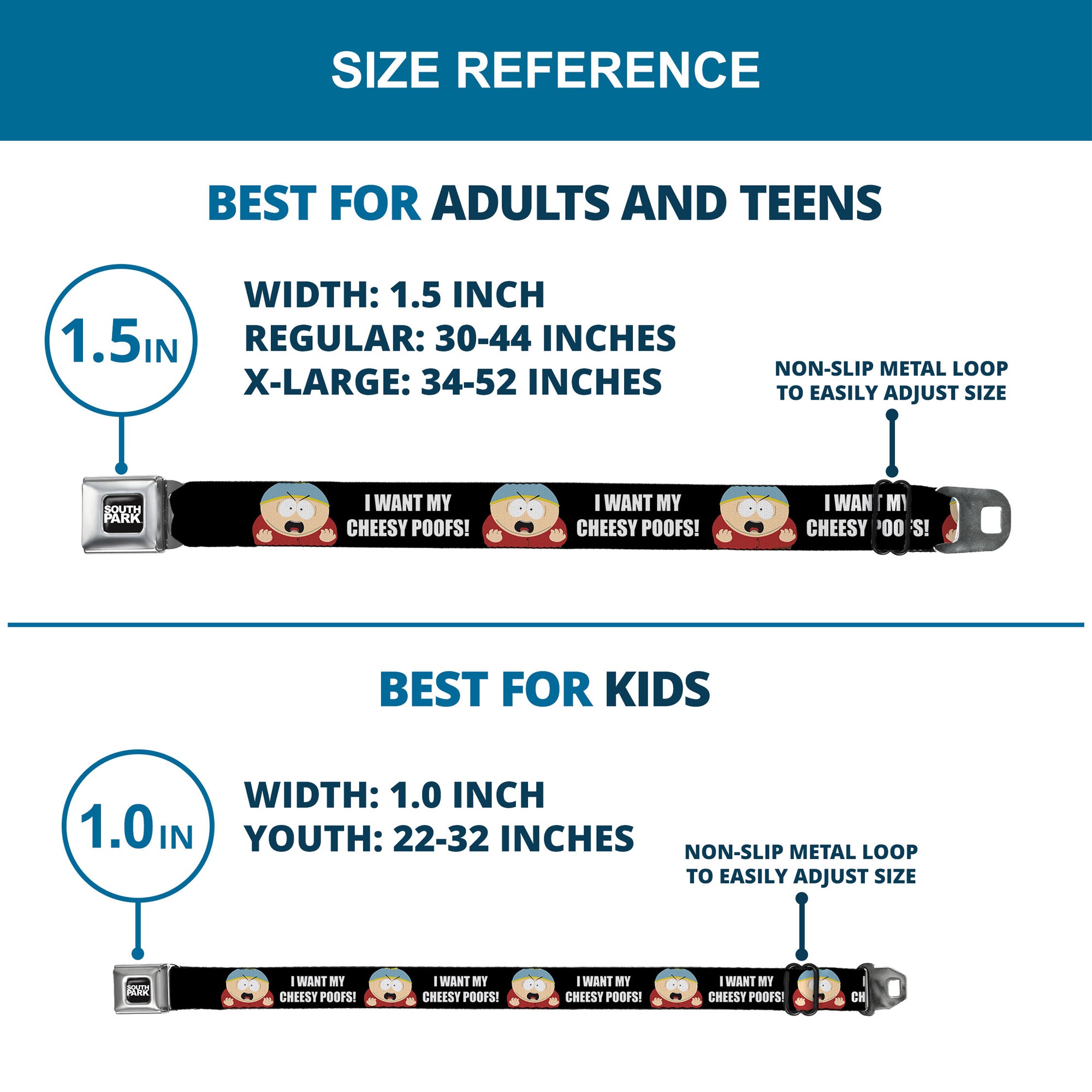 SOUTH PARK Title Logo Full Color Black/White Seatbelt Belt - South Park Cartman I WANT MY CHEESY POOFS Pose Black Webbing Seatbelt Belts South Park