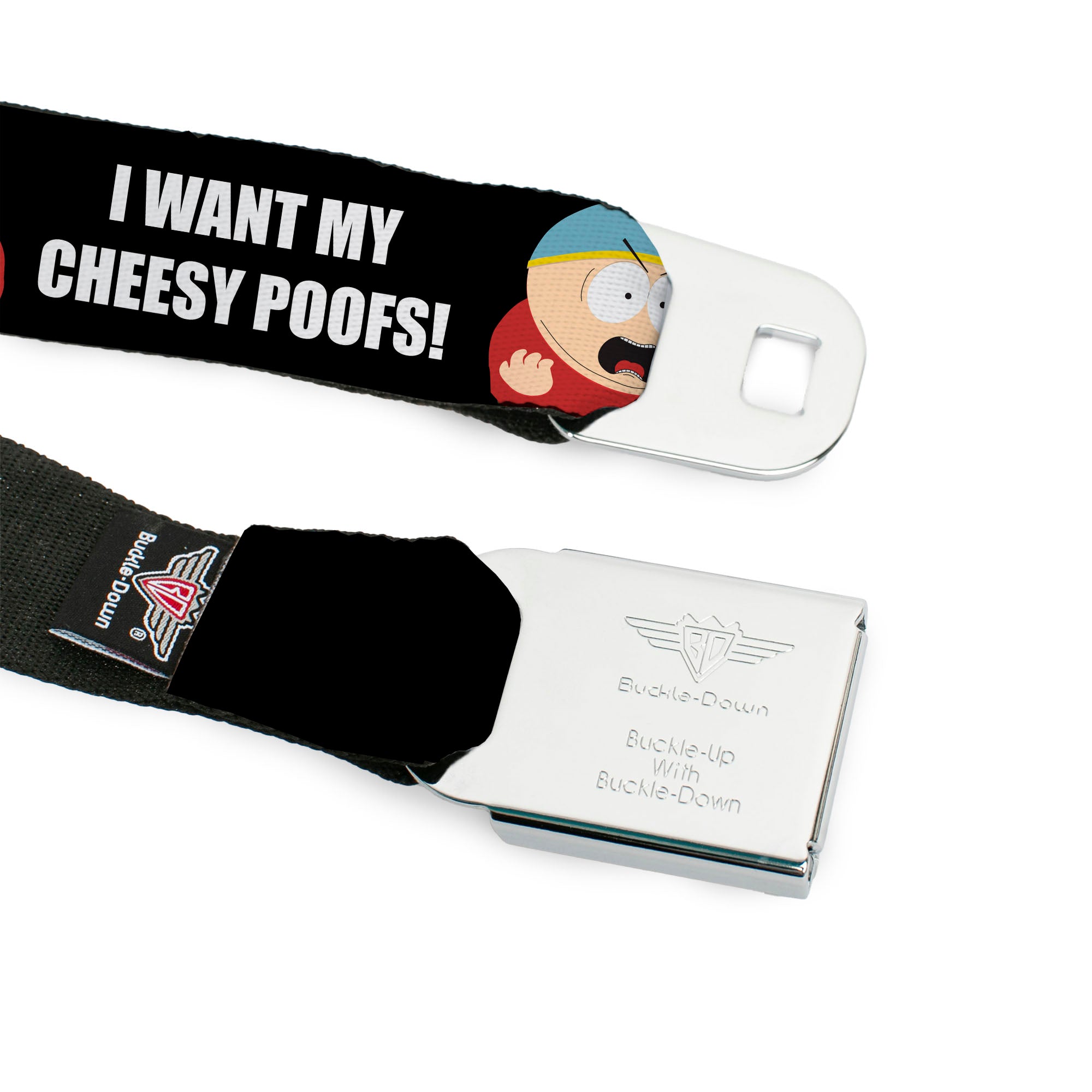 SOUTH PARK Title Logo Full Color Black/White Seatbelt Belt - South Park Cartman I WANT MY CHEESY POOFS Pose Black Webbing Seatbelt Belts South Park