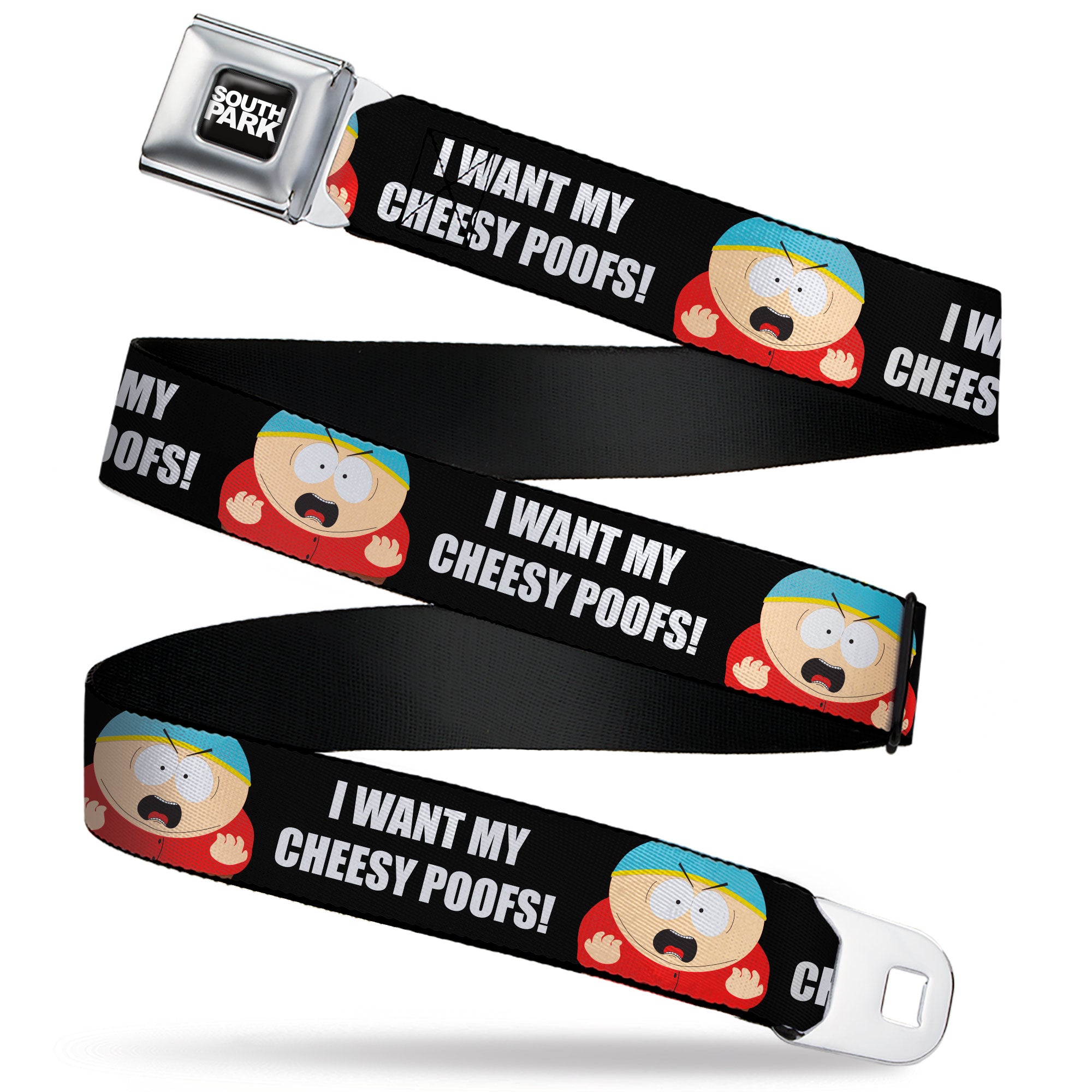 SOUTH PARK Title Logo Full Color Black/White Seatbelt Belt - South Park Cartman I WANT MY CHEESY POOFS Pose Black Webbing Seatbelt Belts South Park
