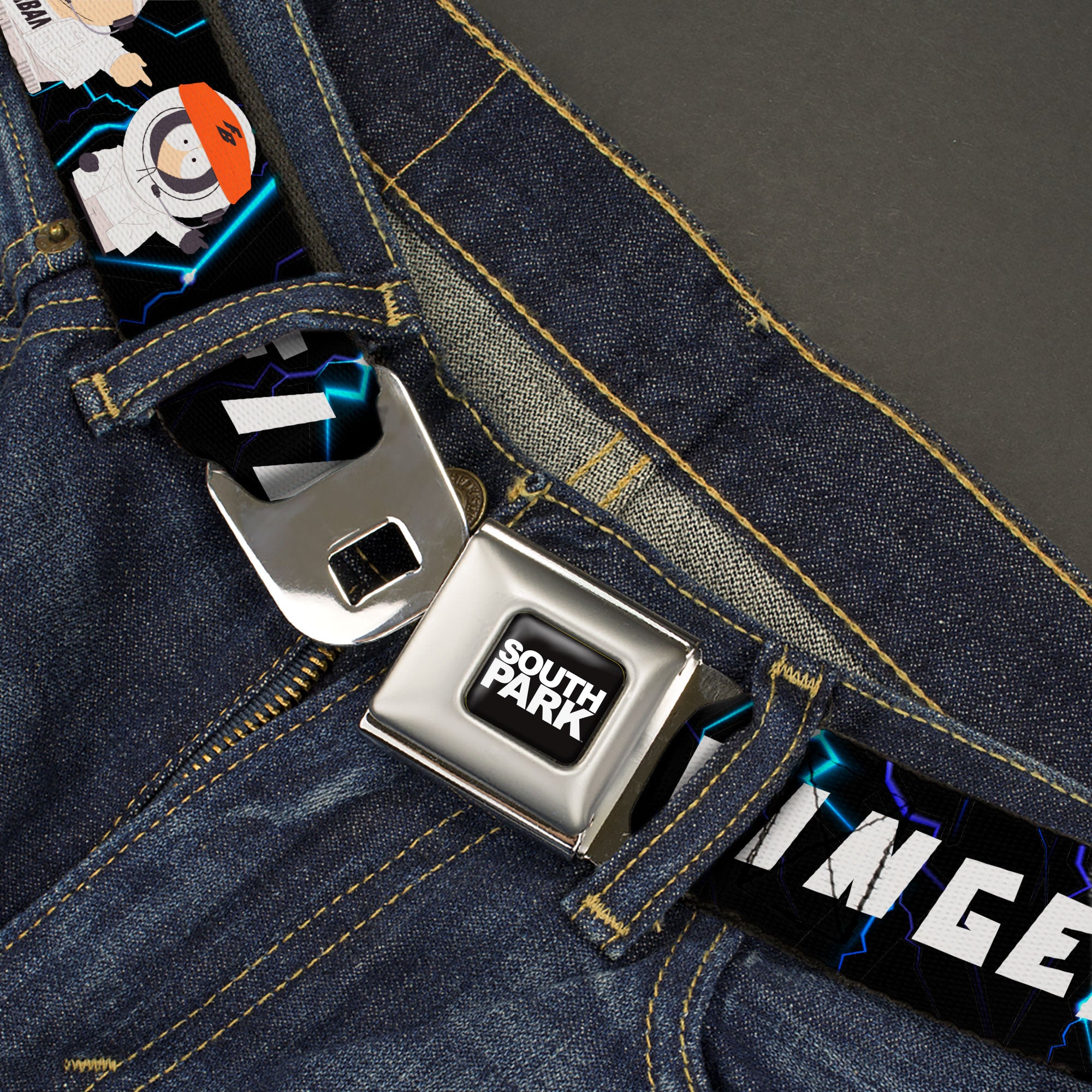 SOUTH PARK Title Logo Full Color Black/White Seatbelt Belt - South Park Boy Band FINGERBANG Lightning Pose Black Webbing Seatbelt Belts Comedy Central