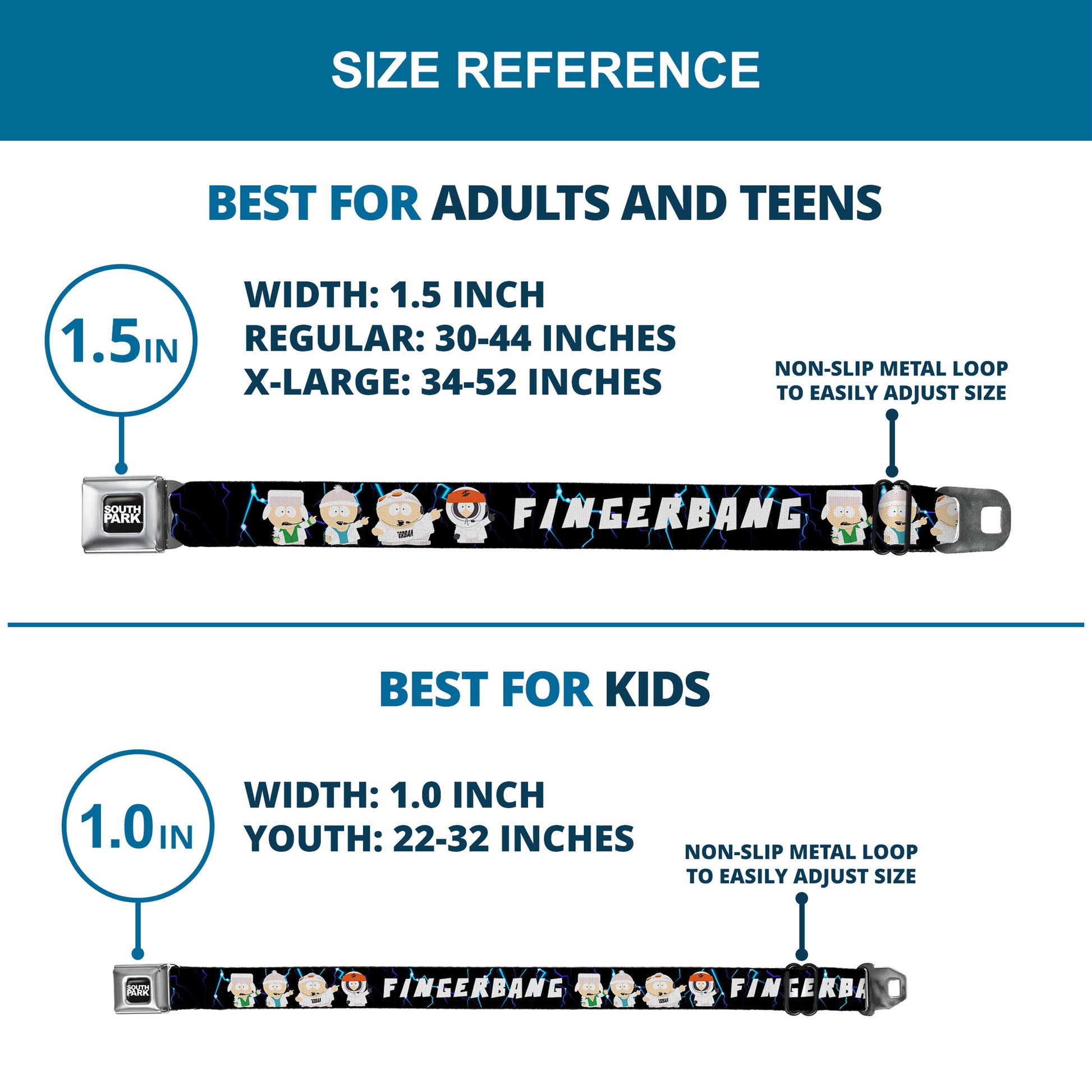 SOUTH PARK Title Logo Full Color Black/White Seatbelt Belt - South Park Boy Band FINGERBANG Lightning Pose Black Webbing Seatbelt Belts Comedy Central
