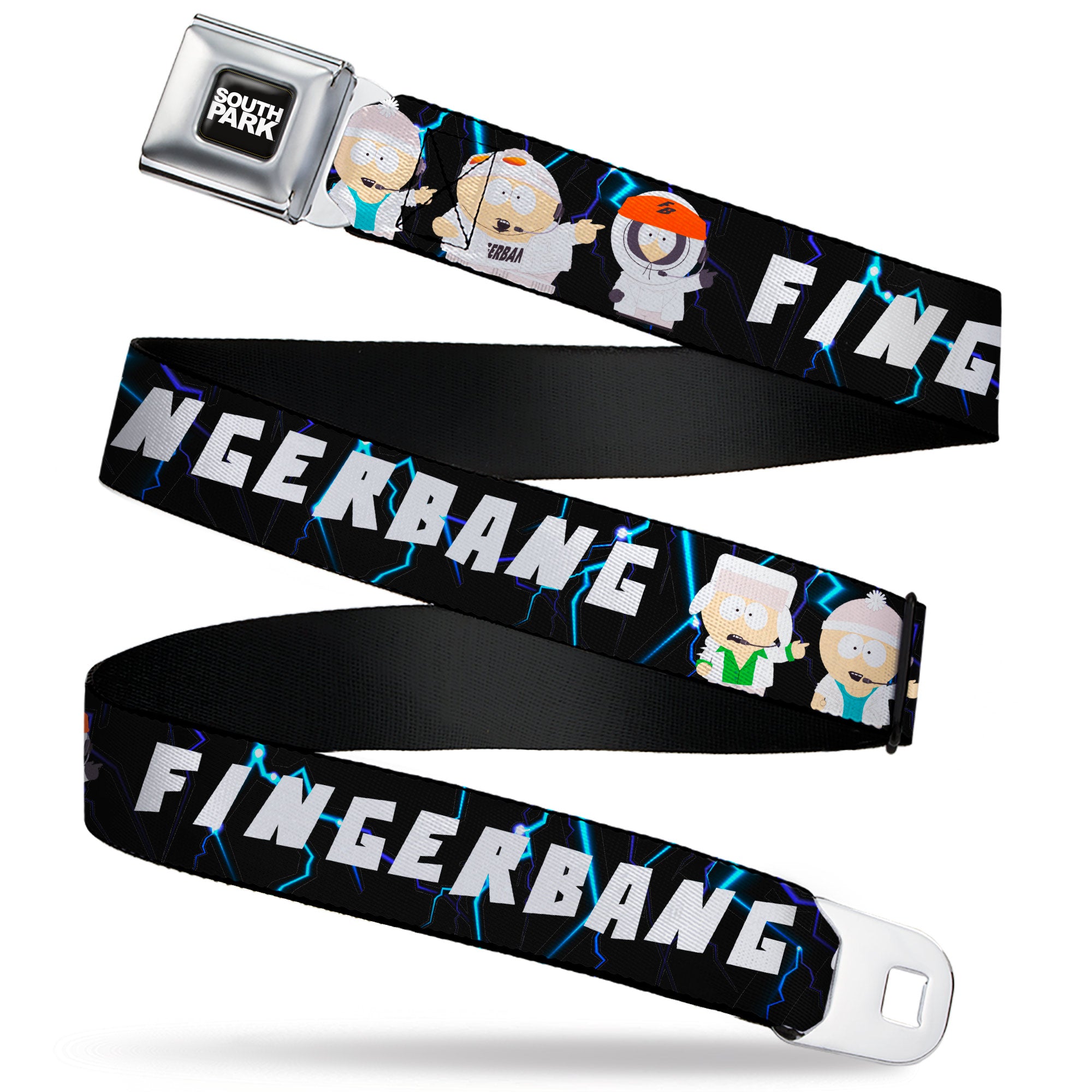 SOUTH PARK Title Logo Full Color Black/White Seatbelt Belt - South Park Boy Band FINGERBANG Lightning Pose Black Webbing Seatbelt Belts Comedy Central