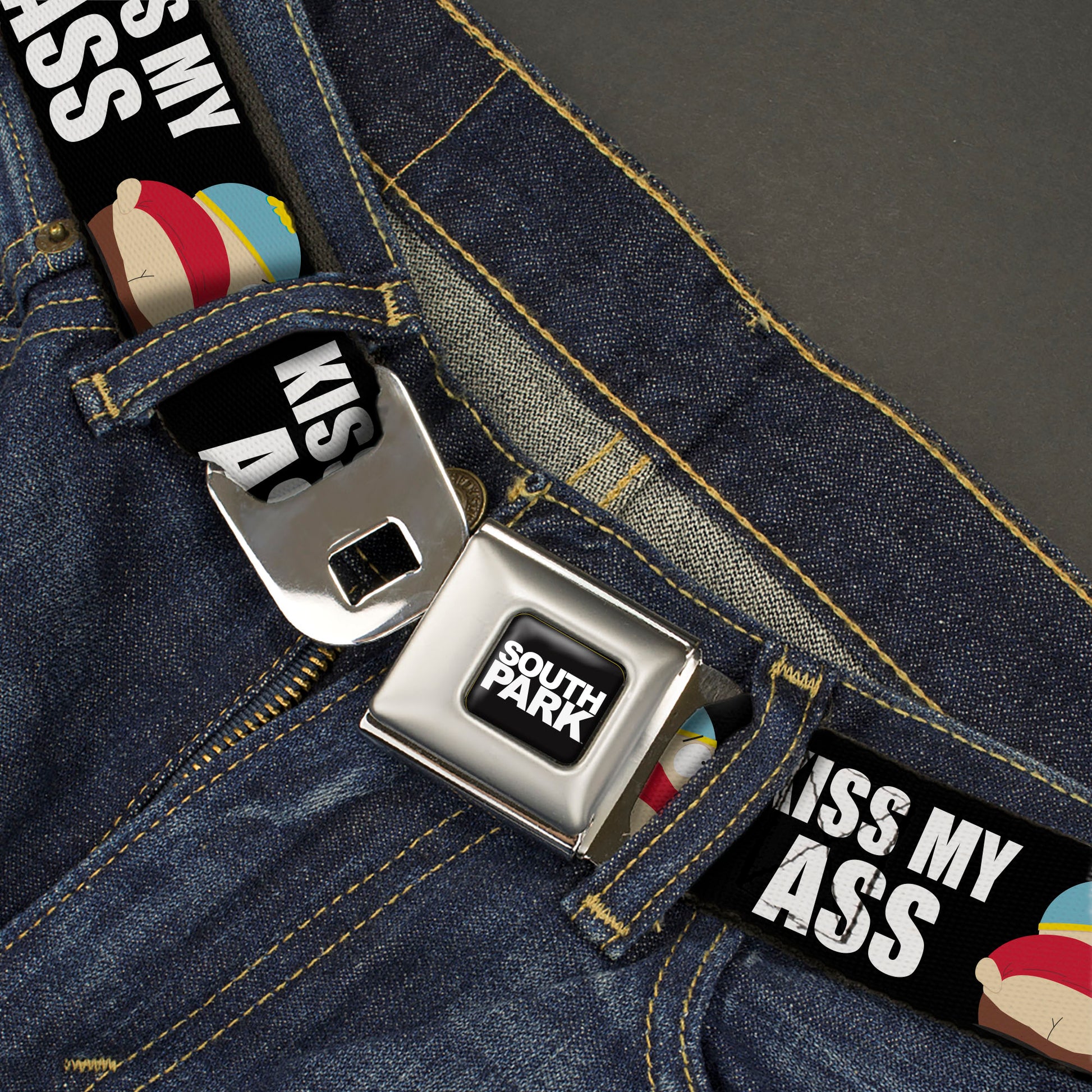 SOUTH PARK Title Logo Full Color Black/White Seatbelt Belt - South Park Cartman Pants KISS MY ASS Pose Black/White Webbing Seatbelt Belts South Park