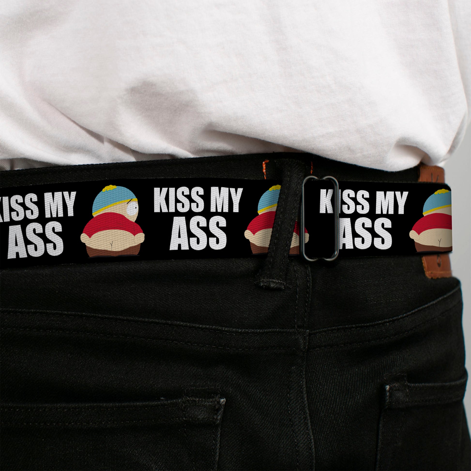 SOUTH PARK Title Logo Full Color Black/White Seatbelt Belt - South Park Cartman Pants KISS MY ASS Pose Black/White Webbing Seatbelt Belts South Park