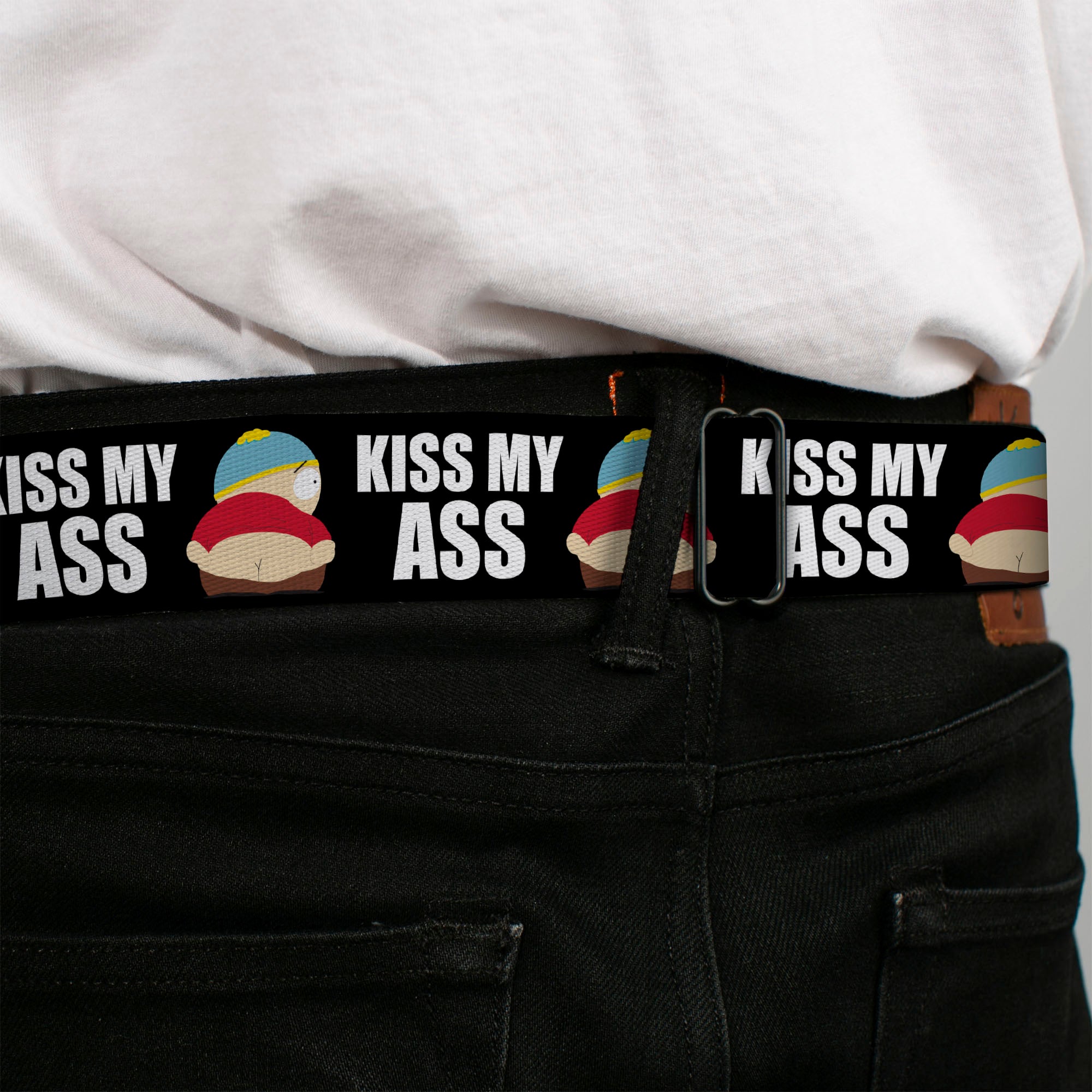 SOUTH PARK Title Logo Full Color Black/White Seatbelt Belt - South Park Cartman Pants KISS MY ASS Pose Black/White Webbing Seatbelt Belts South Park
