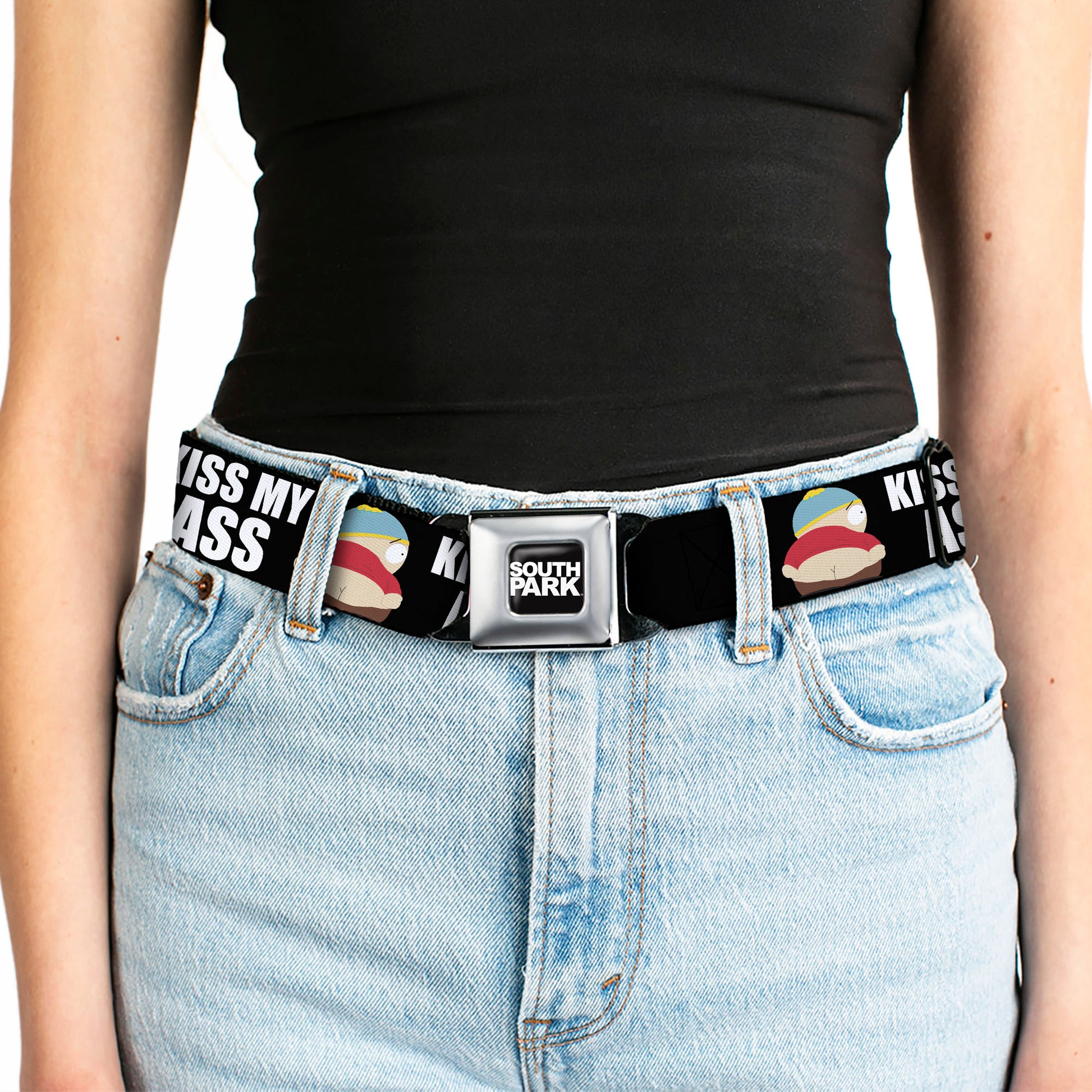 SOUTH PARK Title Logo Full Color Black/White Seatbelt Belt - South Park Cartman Pants KISS MY ASS Pose Black/White Webbing Seatbelt Belts South Park
