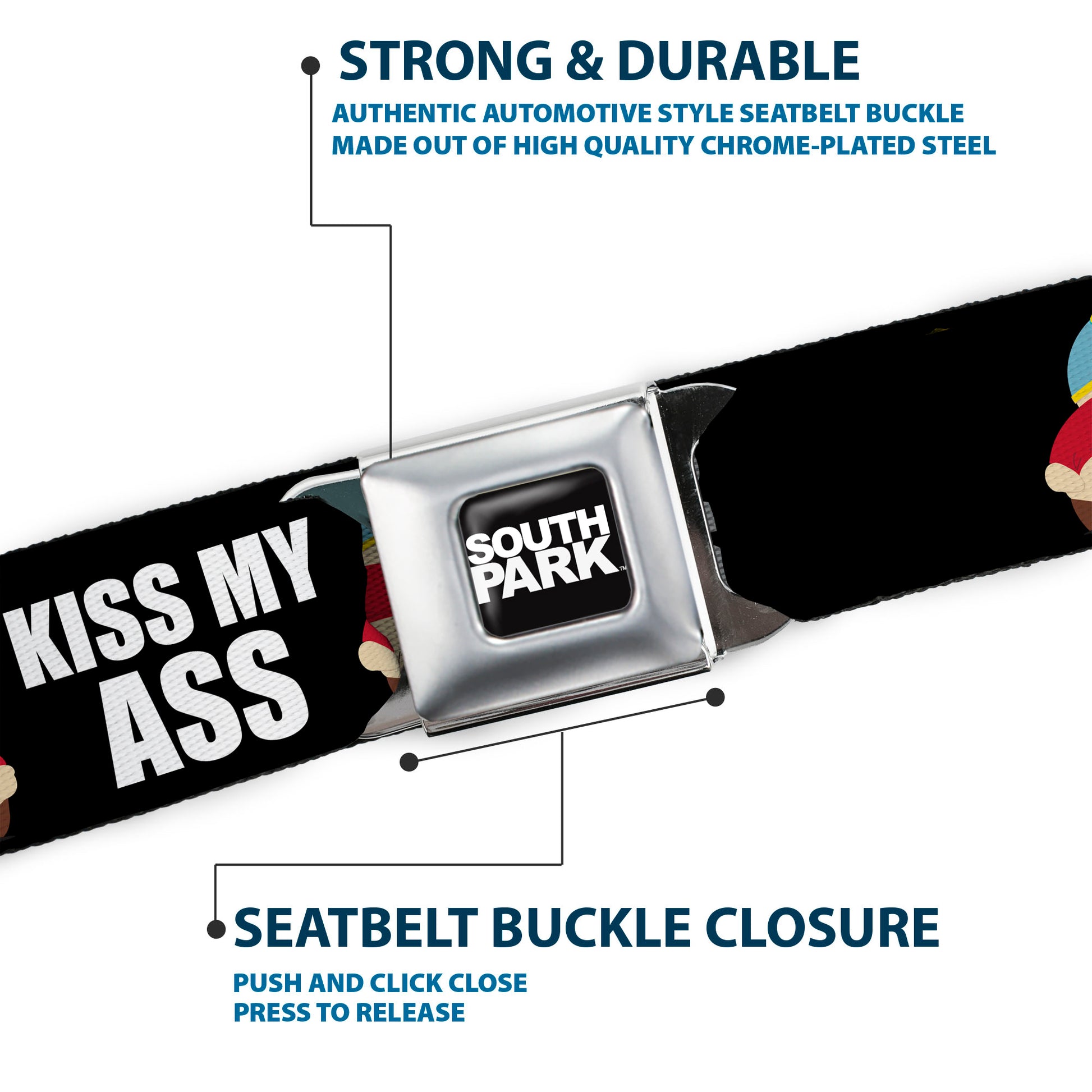SOUTH PARK Title Logo Full Color Black/White Seatbelt Belt - South Park Cartman Pants KISS MY ASS Pose Black/White Webbing Seatbelt Belts South Park