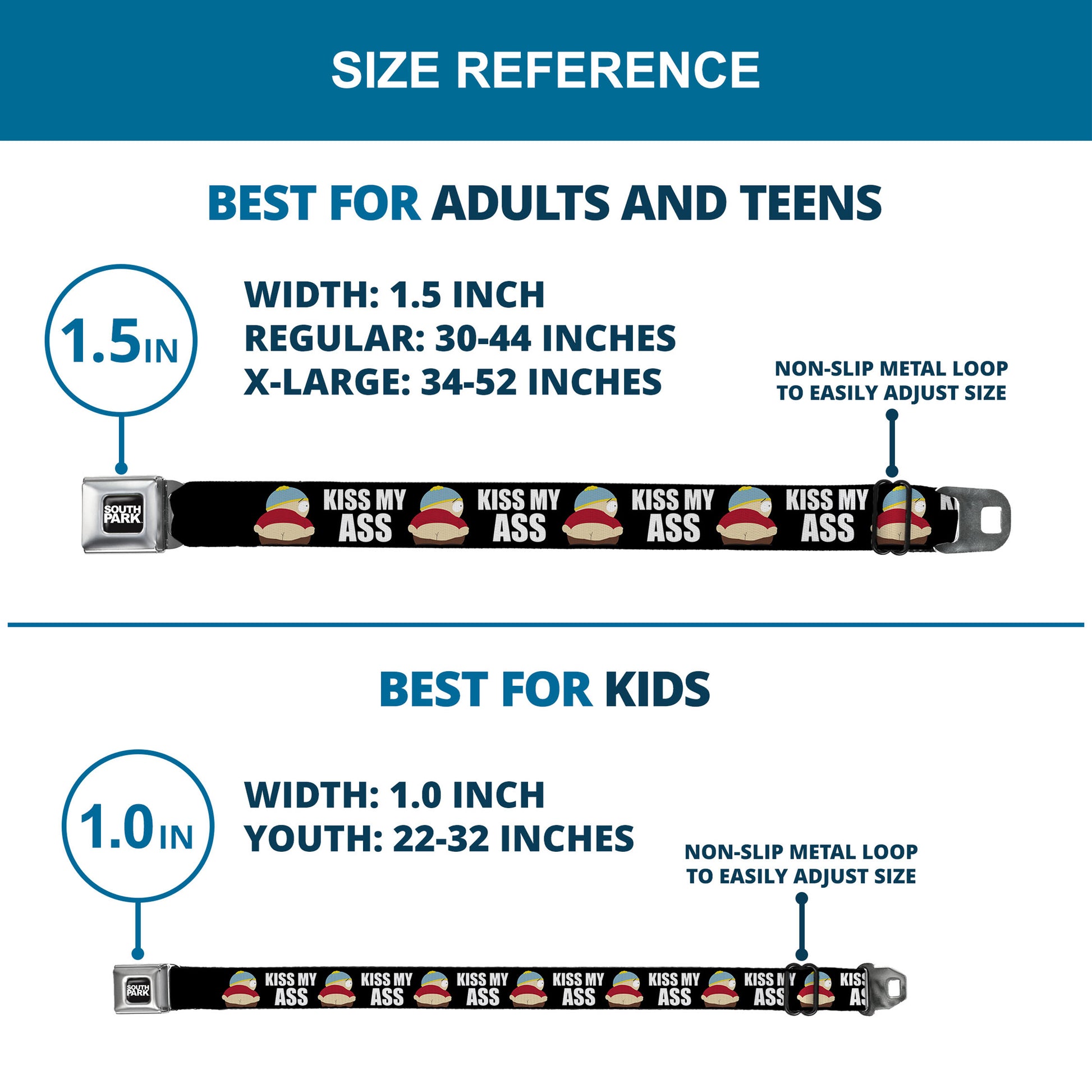 SOUTH PARK Title Logo Full Color Black/White Seatbelt Belt - South Park Cartman Pants KISS MY ASS Pose Black/White Webbing Seatbelt Belts South Park