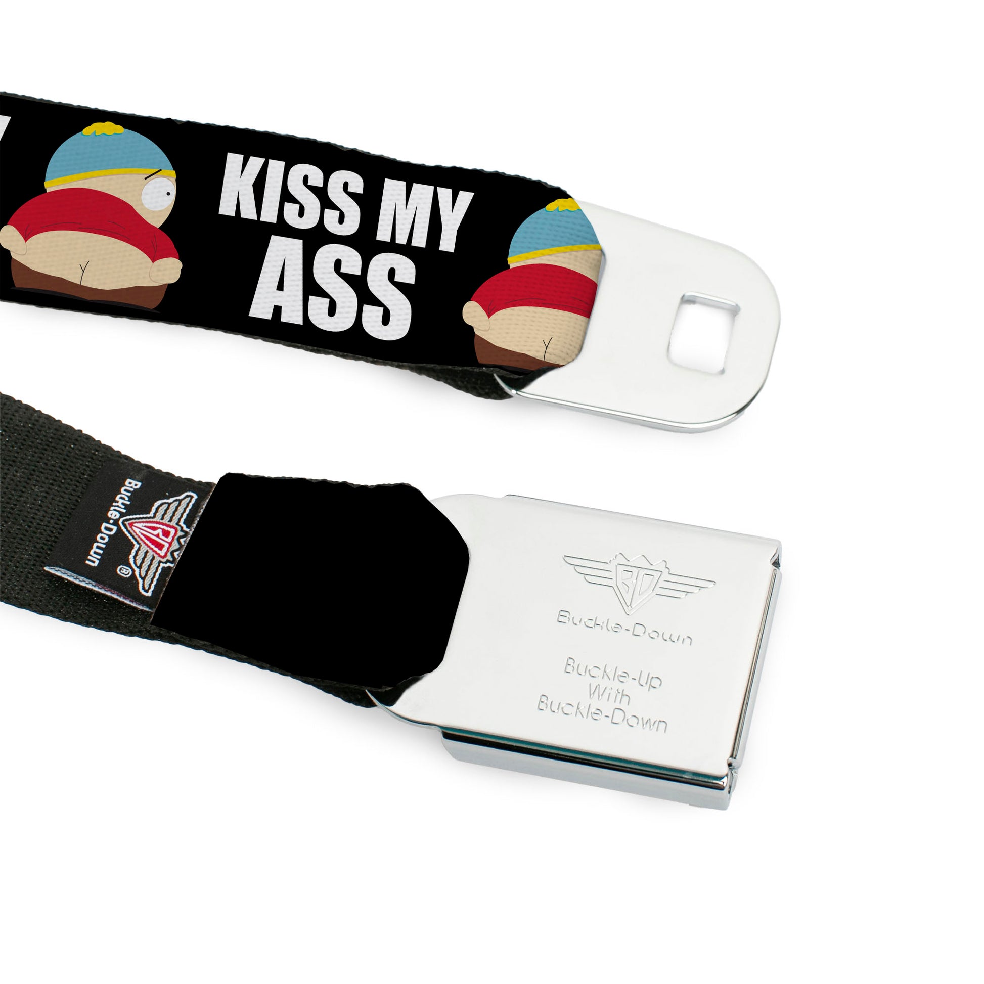 SOUTH PARK Title Logo Full Color Black/White Seatbelt Belt - South Park Cartman Pants KISS MY ASS Pose Black/White Webbing Seatbelt Belts South Park