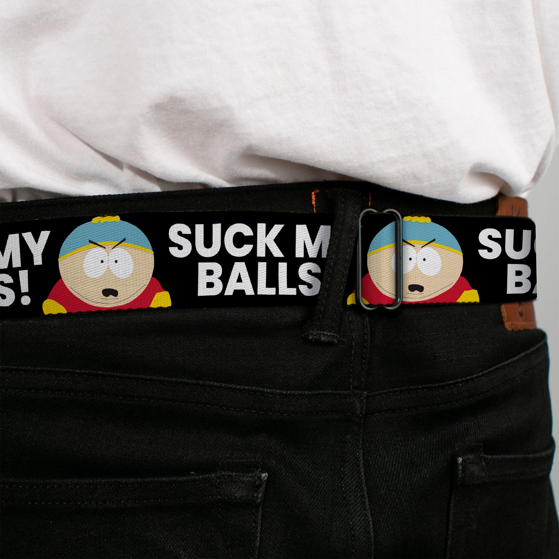 SOUTH PARK Title Logo Full Color Black/White Seatbelt Belt - South Park Cartman SUCK MY BALLS Pose Black/White Webbing Seatbelt Belts South Park