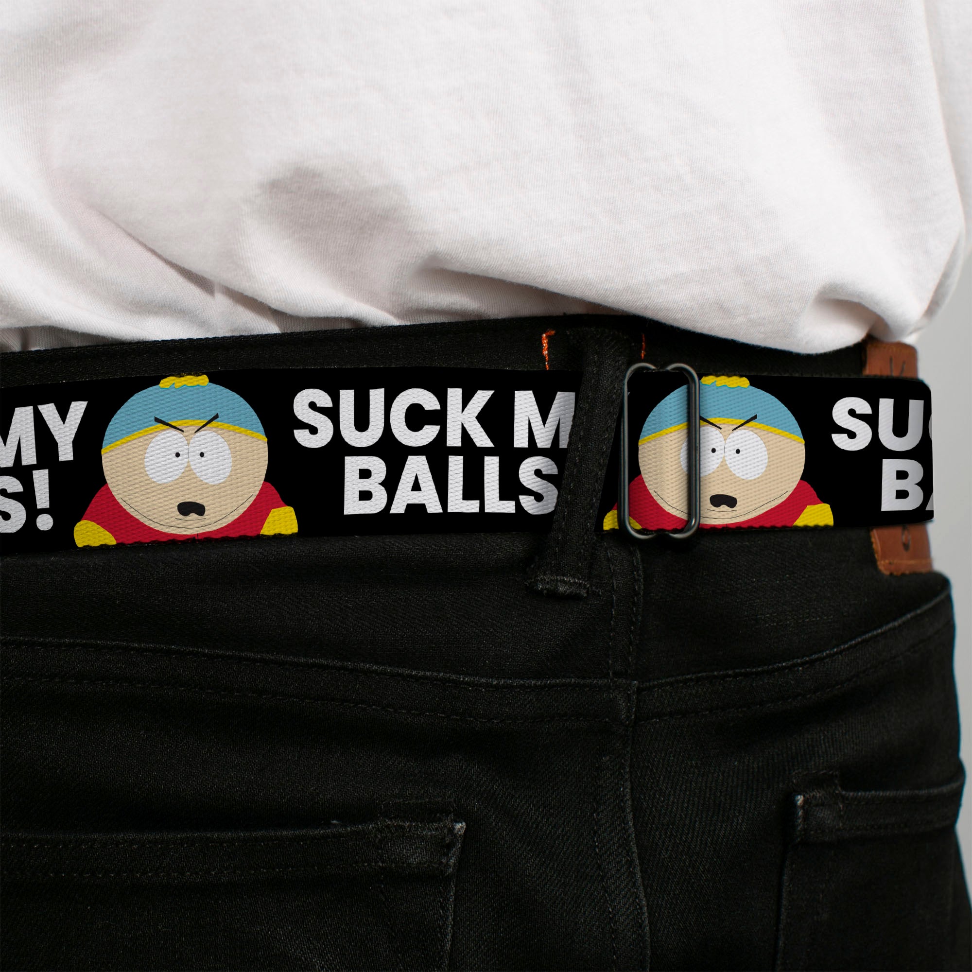 SOUTH PARK Title Logo Full Color Black/White Seatbelt Belt - South Park Cartman SUCK MY BALLS Pose Black/White Webbing Seatbelt Belts South Park