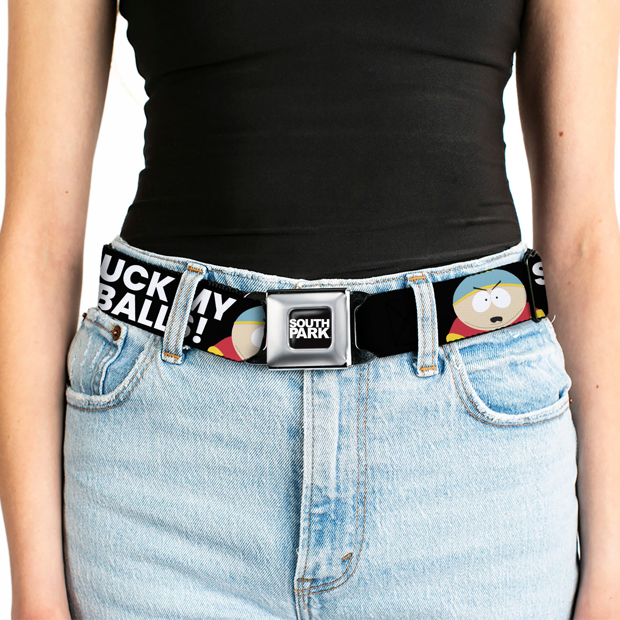SOUTH PARK Title Logo Full Color Black/White Seatbelt Belt - South Park Cartman SUCK MY BALLS Pose Black/White Webbing Seatbelt Belts South Park
