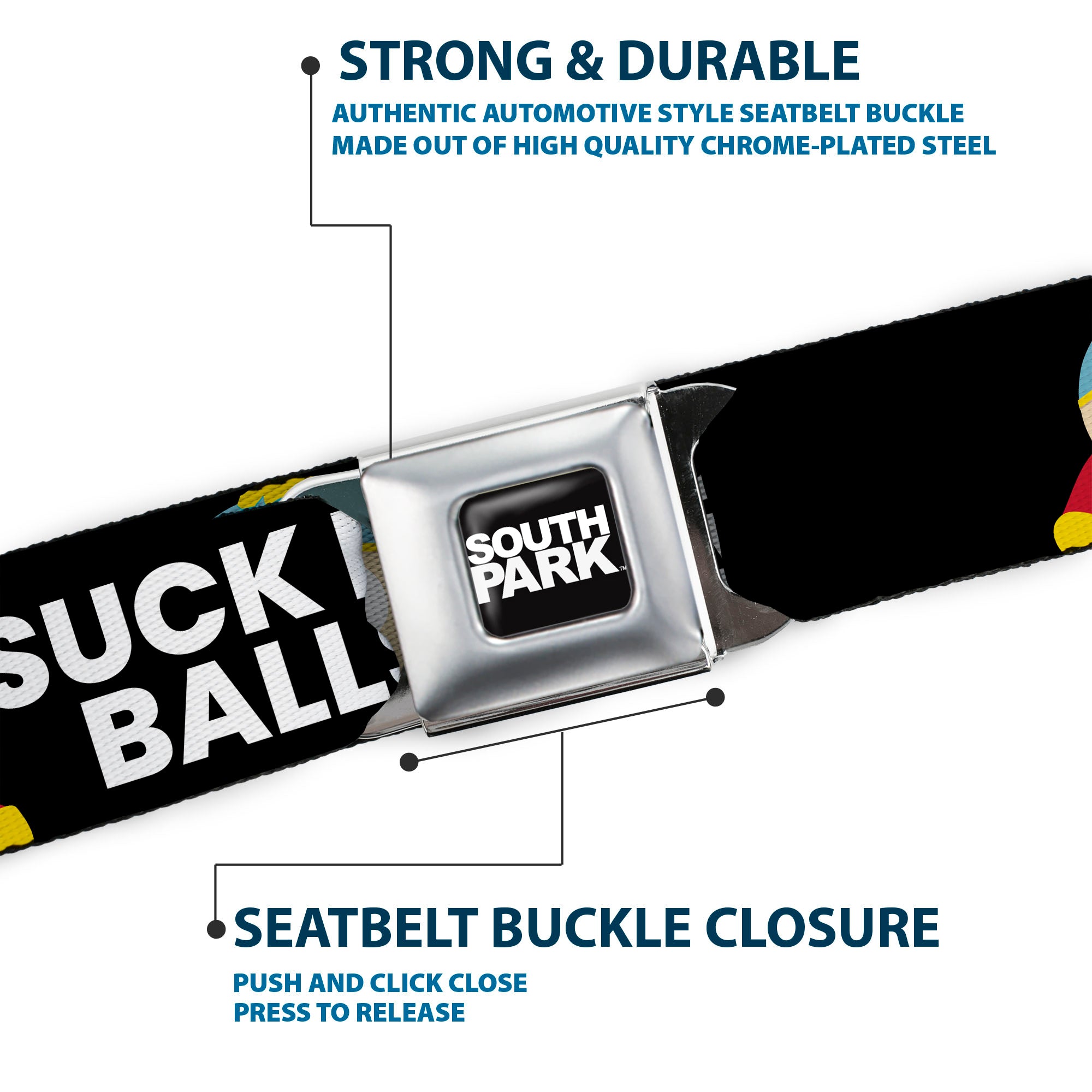 SOUTH PARK Title Logo Full Color Black/White Seatbelt Belt - South Park Cartman SUCK MY BALLS Pose Black/White Webbing Seatbelt Belts South Park