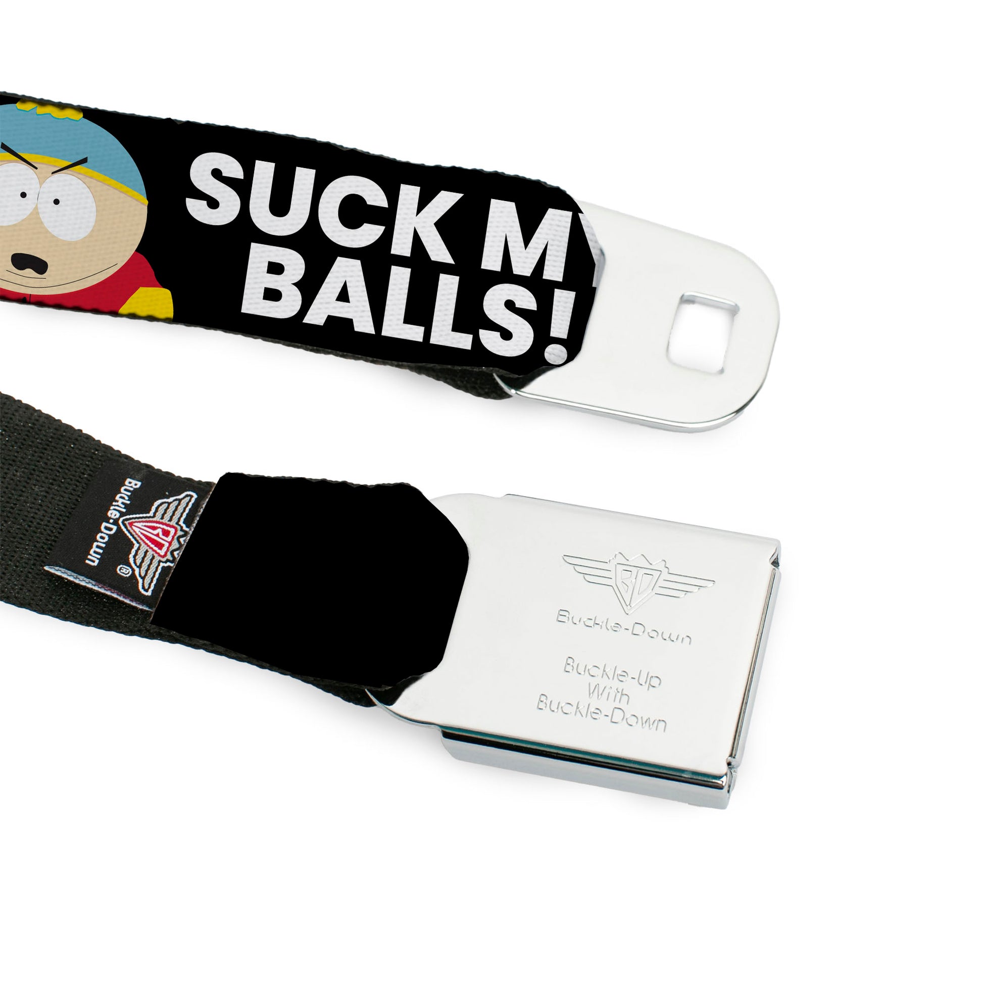SOUTH PARK Title Logo Full Color Black/White Seatbelt Belt - South Park Cartman SUCK MY BALLS Pose Black/White Webbing Seatbelt Belts South Park