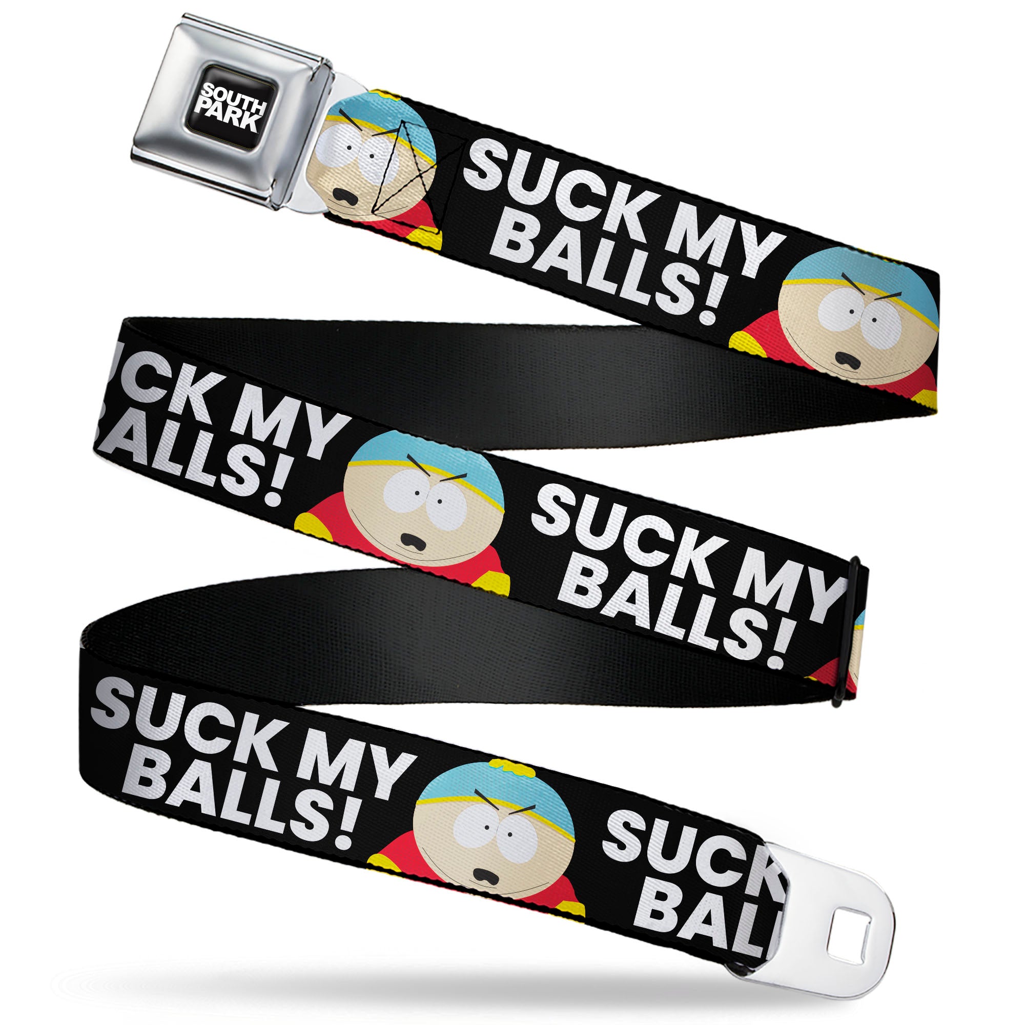 SOUTH PARK Title Logo Full Color Black/White Seatbelt Belt - South Park Cartman SUCK MY BALLS Pose Black/White Webbing Seatbelt Belts South Park