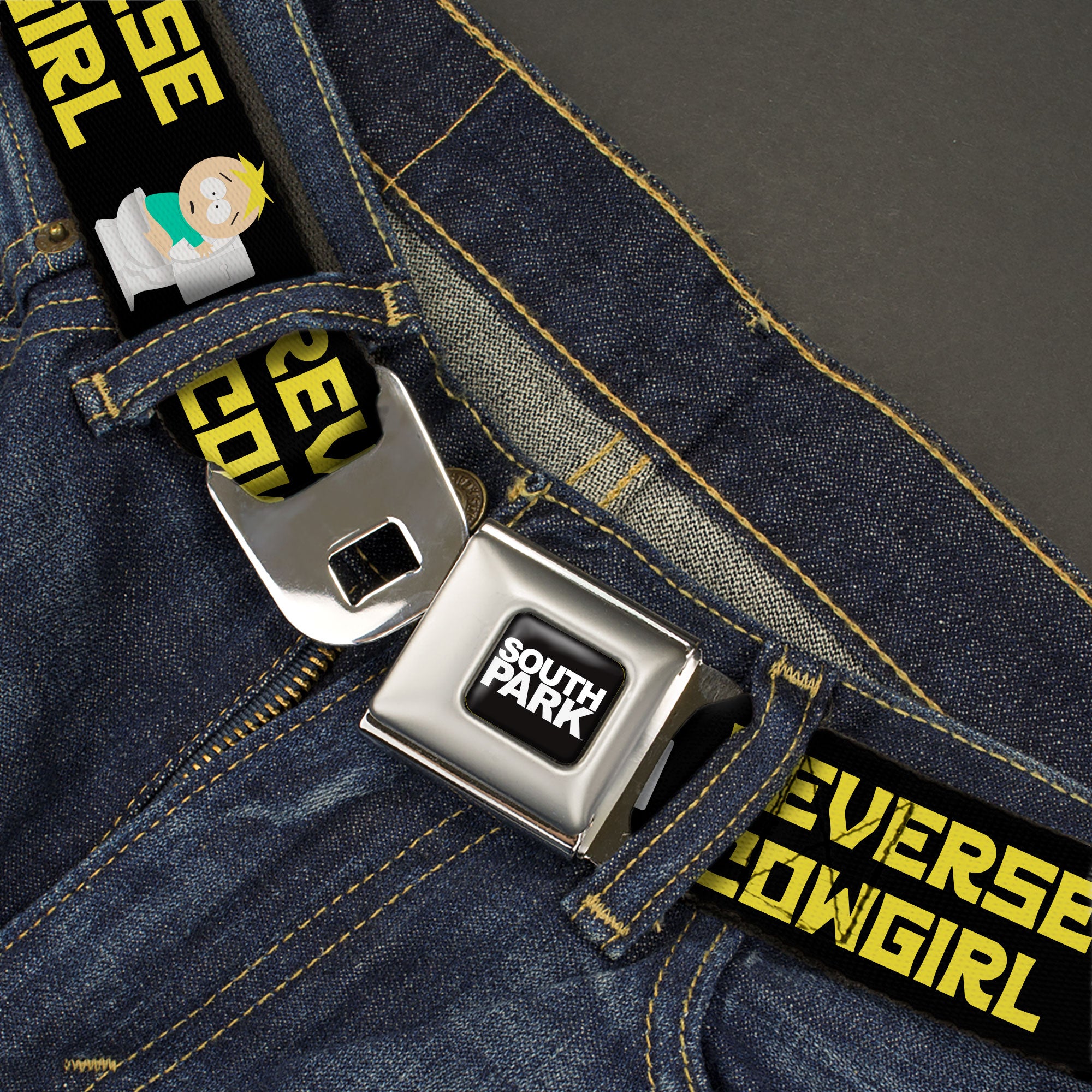 SOUTH PARK Title Logo Full Color Black/White Seatbelt Belt - South Park Butters REVERSE COWGIRL Toilet Pose Black/Yellow Webbing Seatbelt Belts South Park