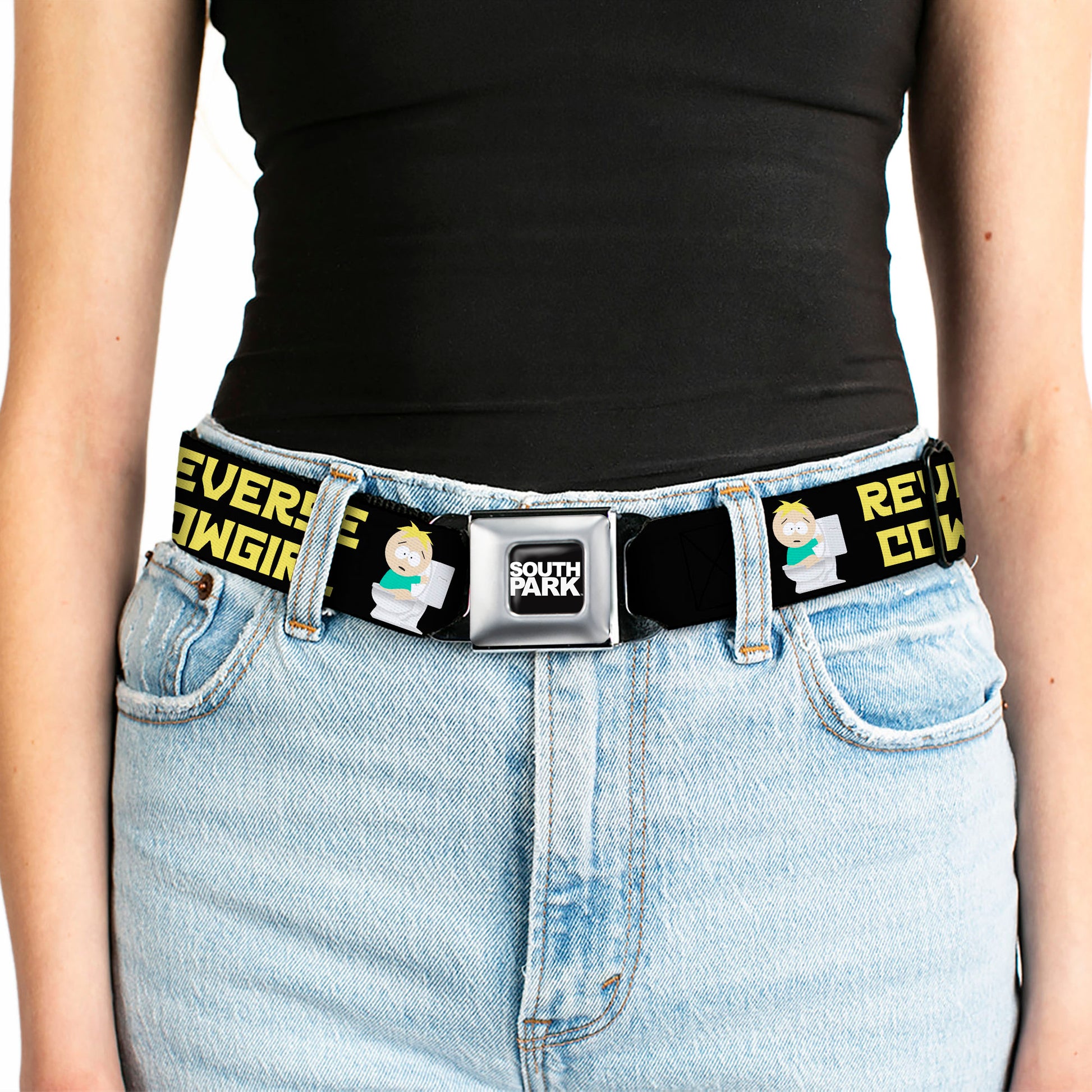 SOUTH PARK Title Logo Full Color Black/White Seatbelt Belt - South Park Butters REVERSE COWGIRL Toilet Pose Black/Yellow Webbing Seatbelt Belts South Park