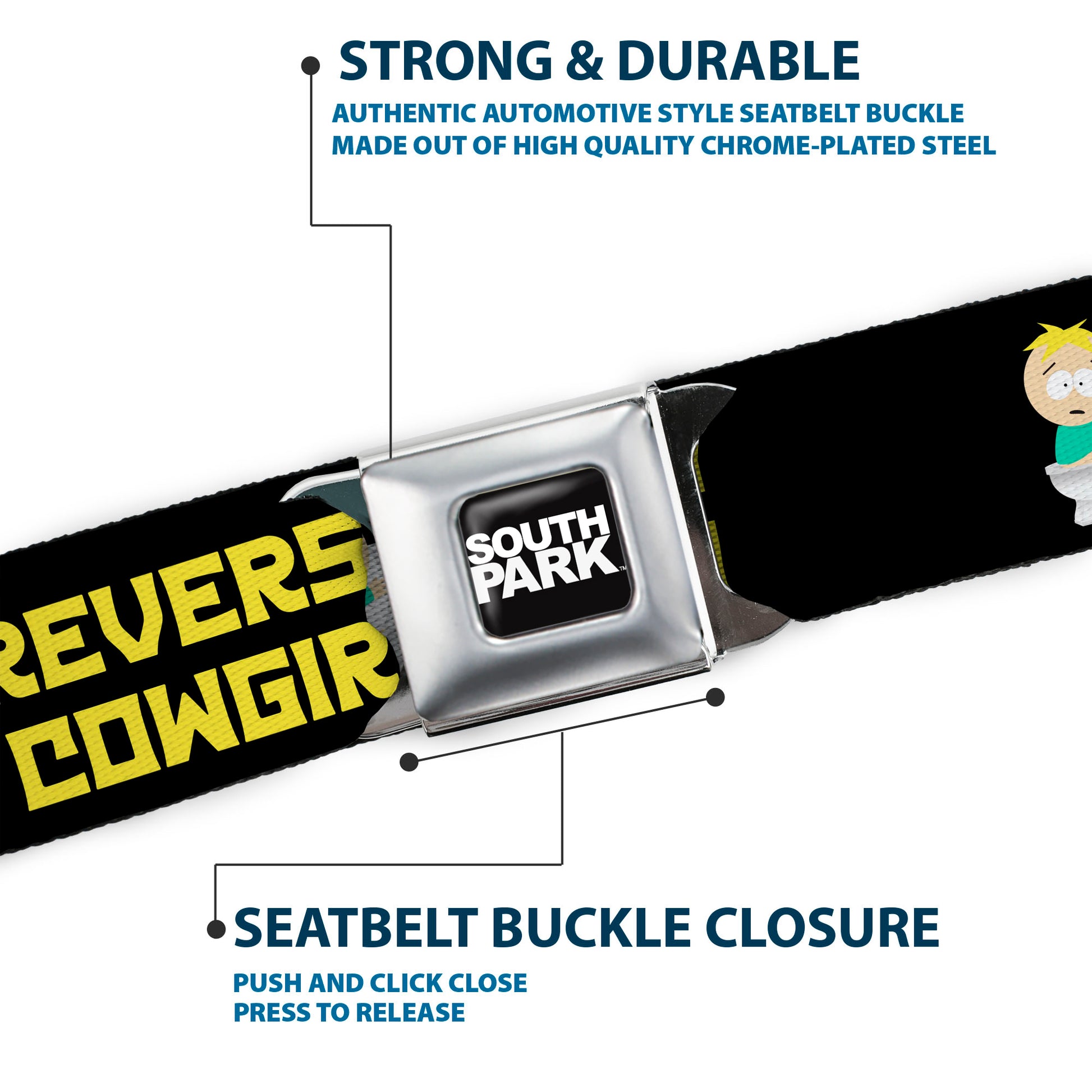 SOUTH PARK Title Logo Full Color Black/White Seatbelt Belt - South Park Butters REVERSE COWGIRL Toilet Pose Black/Yellow Webbing Seatbelt Belts South Park