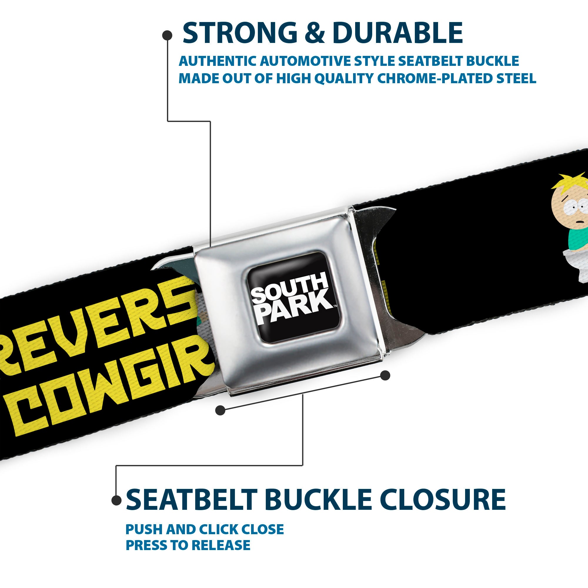 SOUTH PARK Title Logo Full Color Black/White Seatbelt Belt - South Park Butters REVERSE COWGIRL Toilet Pose Black/Yellow Webbing Seatbelt Belts South Park