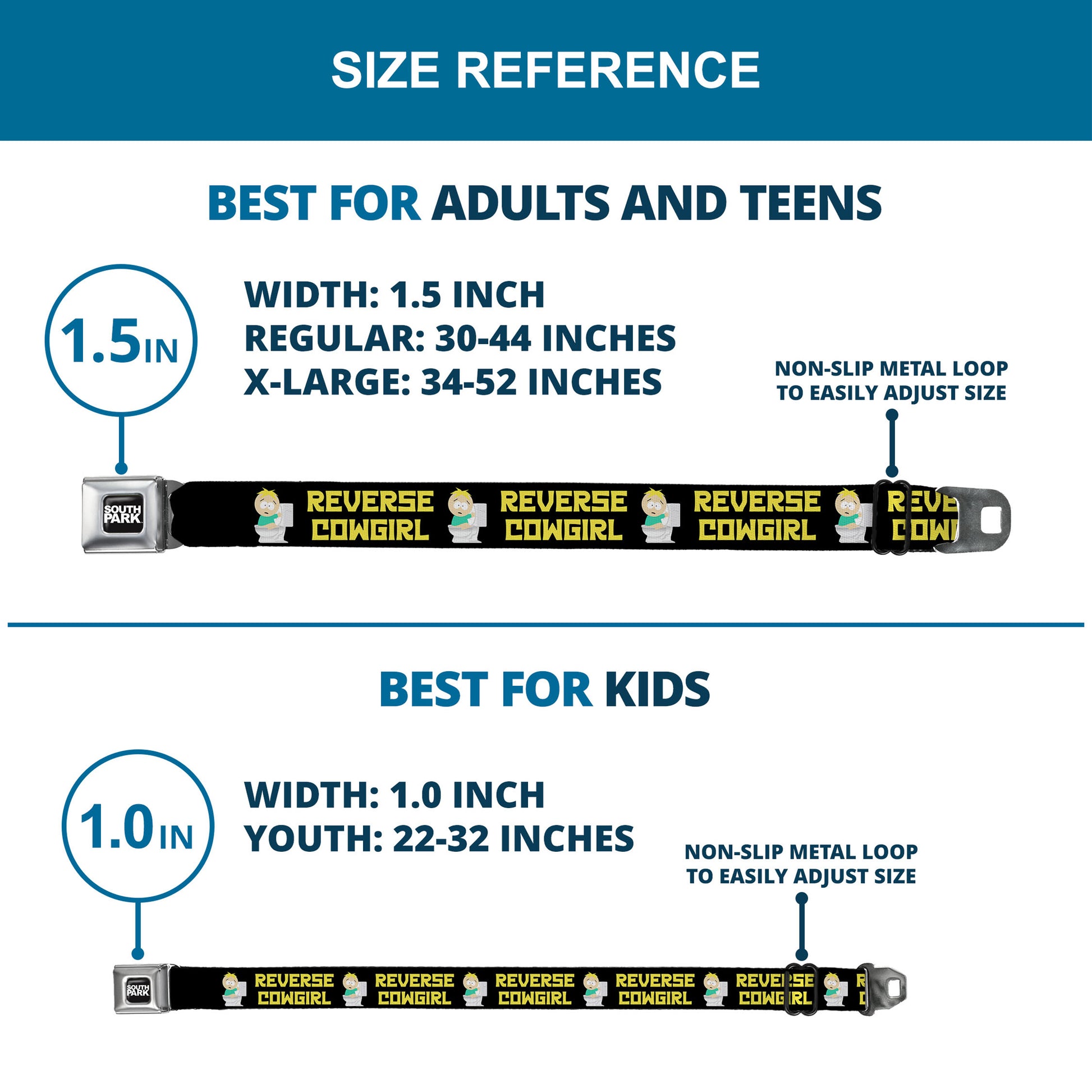 SOUTH PARK Title Logo Full Color Black/White Seatbelt Belt - South Park Butters REVERSE COWGIRL Toilet Pose Black/Yellow Webbing Seatbelt Belts South Park