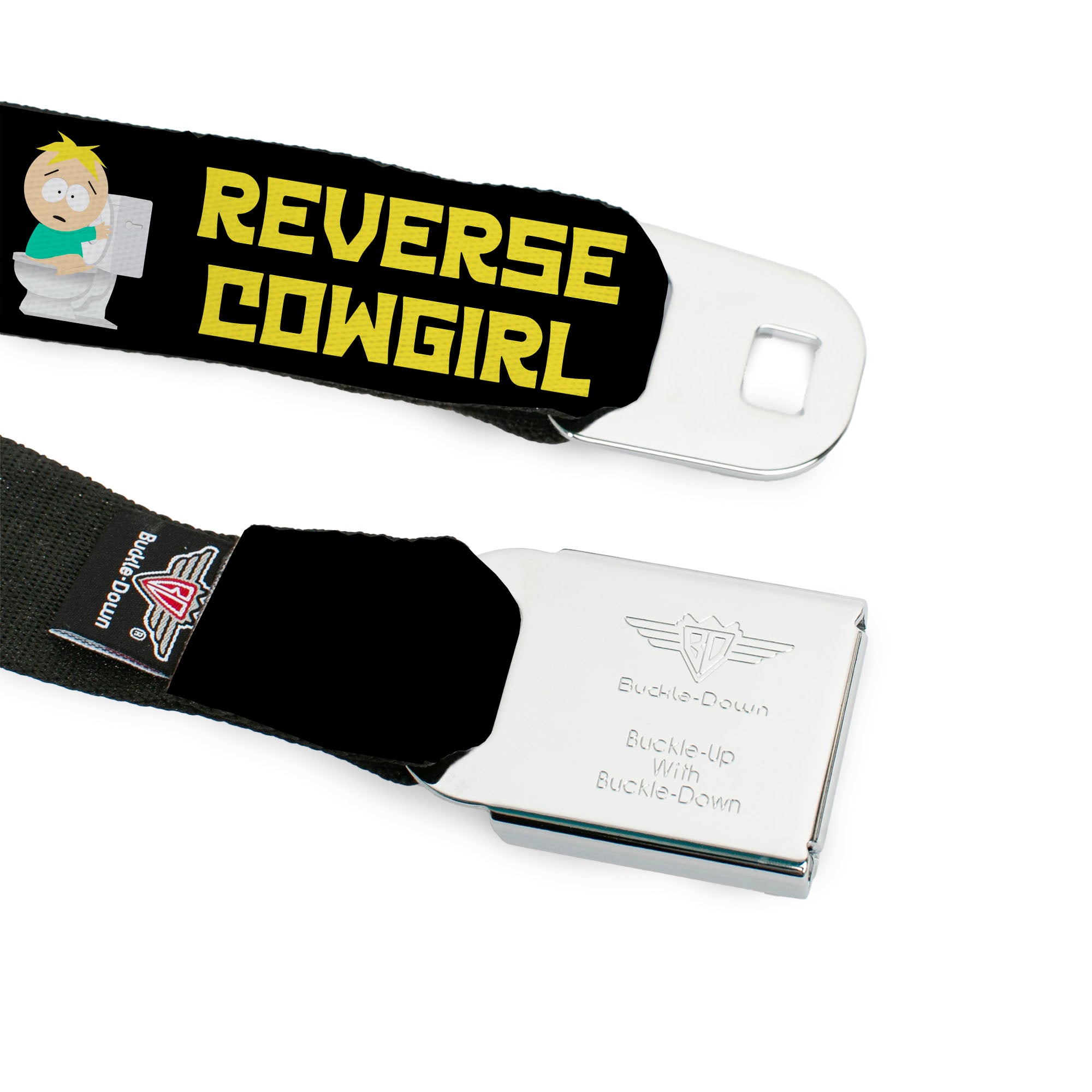SOUTH PARK Title Logo Full Color Black/White Seatbelt Belt - South Park Butters REVERSE COWGIRL Toilet Pose Black/Yellow Webbing Seatbelt Belts South Park
