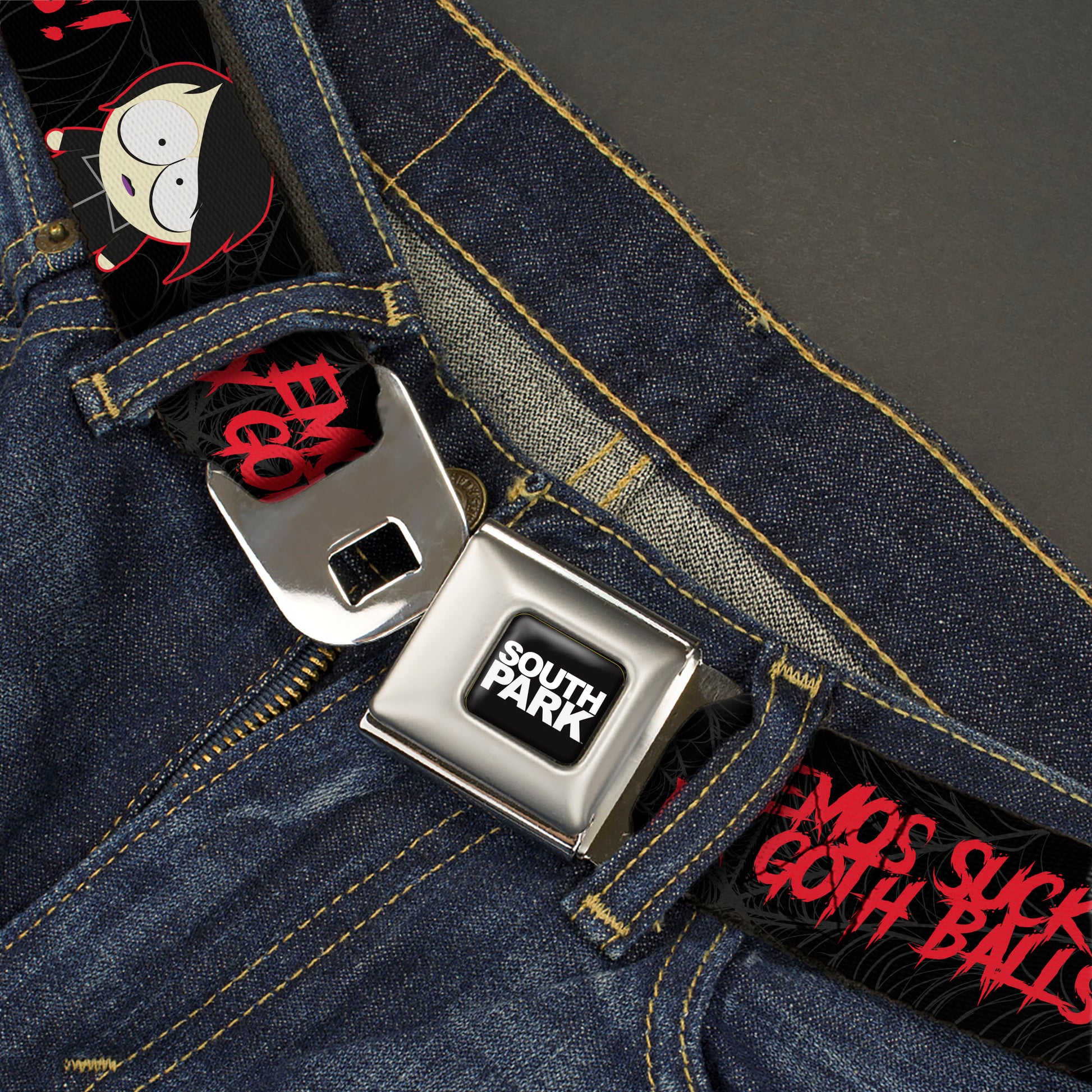 SOUTH PARK Title Logo Full Color Black/White Seatbelt Belt - South Park Goth Firkle EMOS SUCKS MY GOTH BALLS! Black/Gray/Red Webbing Seatbelt Belts South Park