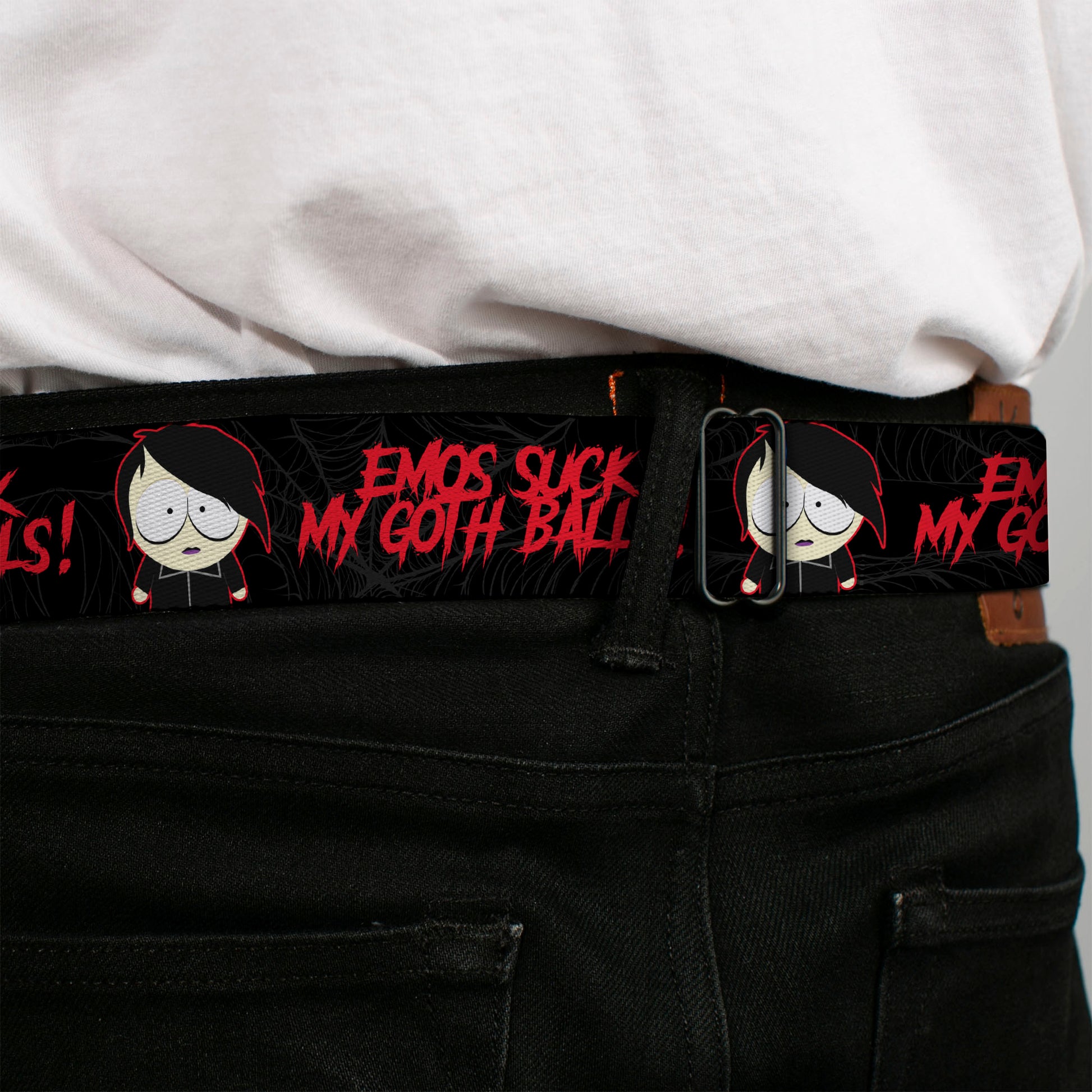 SOUTH PARK Title Logo Full Color Black/White Seatbelt Belt - South Park Goth Firkle EMOS SUCKS MY GOTH BALLS! Black/Gray/Red Webbing Seatbelt Belts South Park